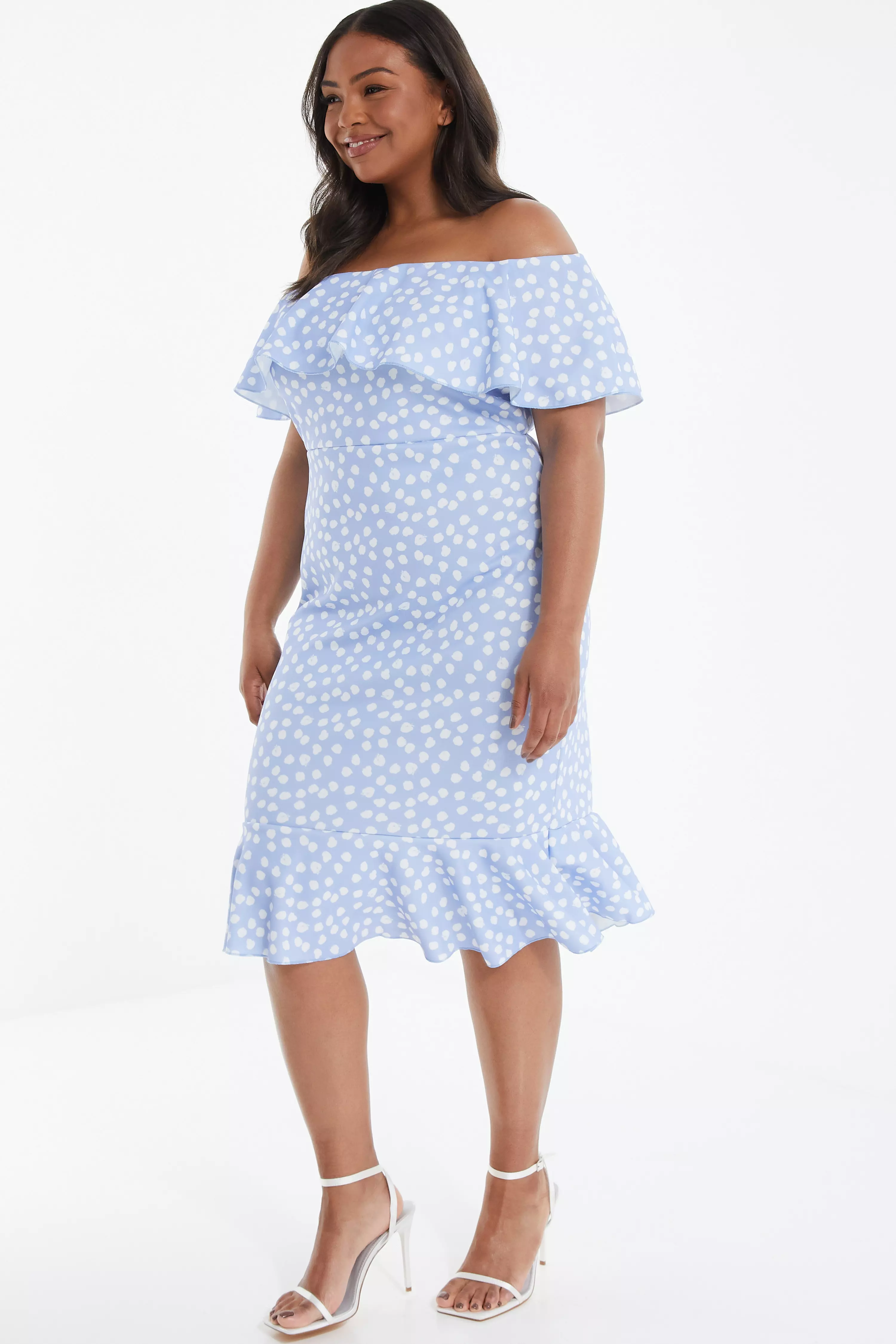 Curve Blue Smudge Print Bardot Midi Dress