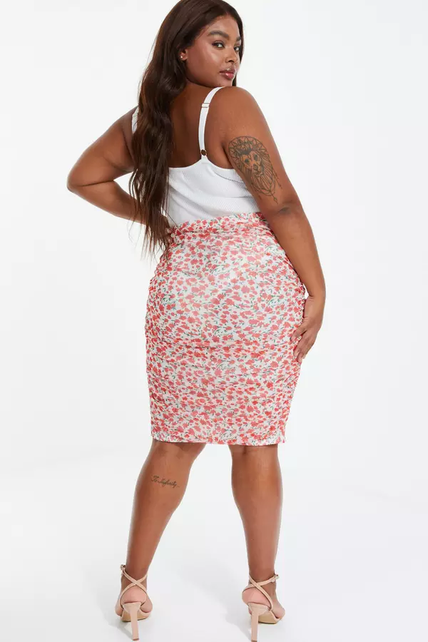 Curve Red Floral Ruched Midi Skirt
