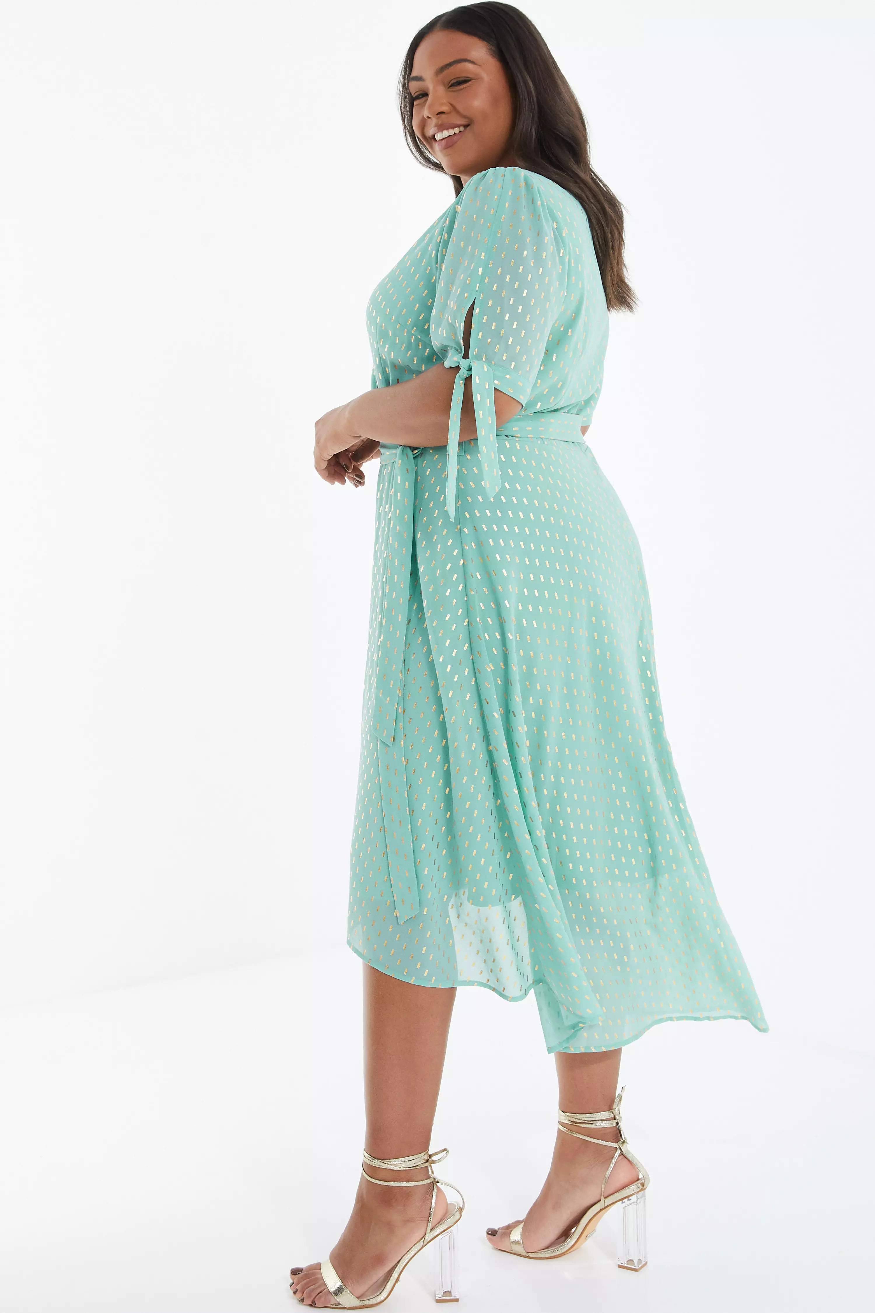 Curve Sage Chiffon Metallic Wrap Dress