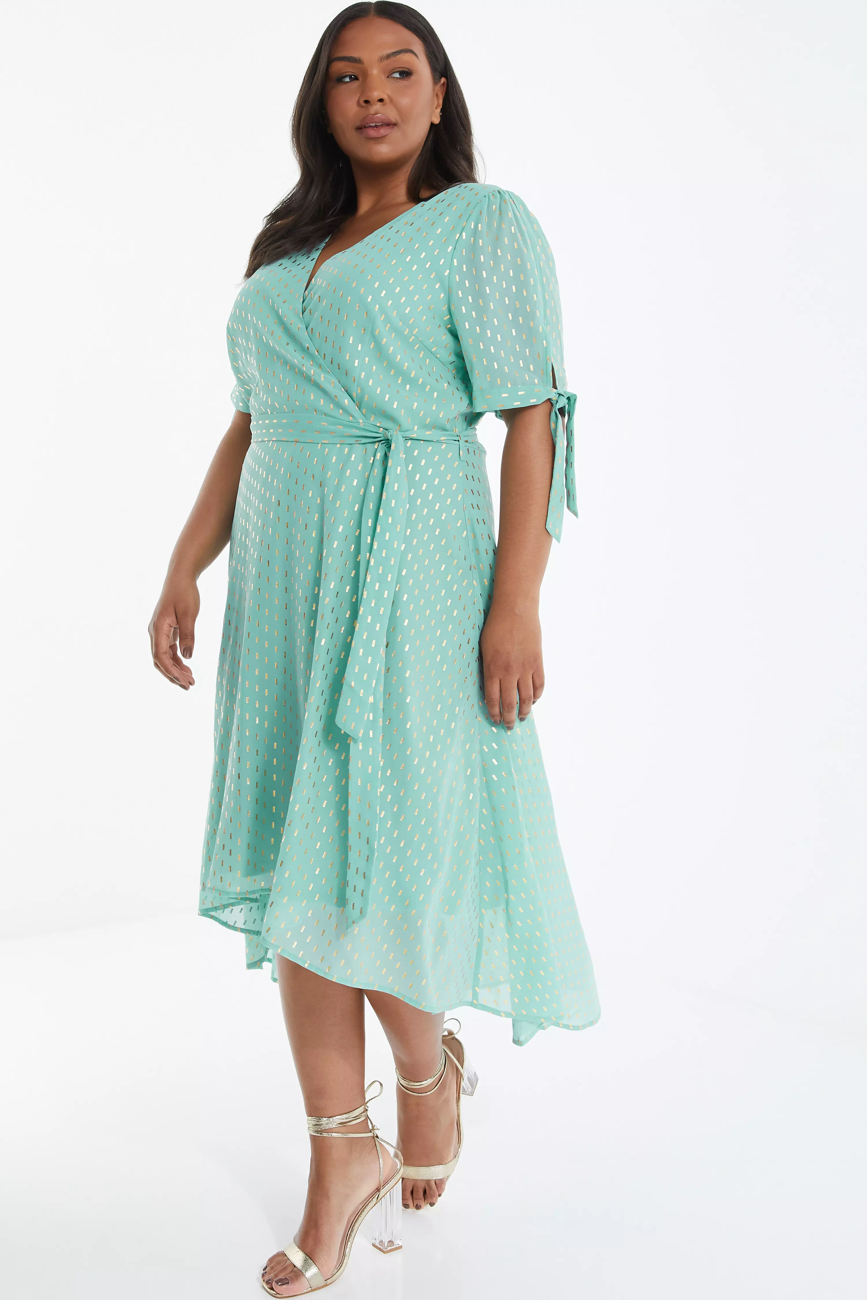 Curve Sage Chiffon Metallic Wrap Dress