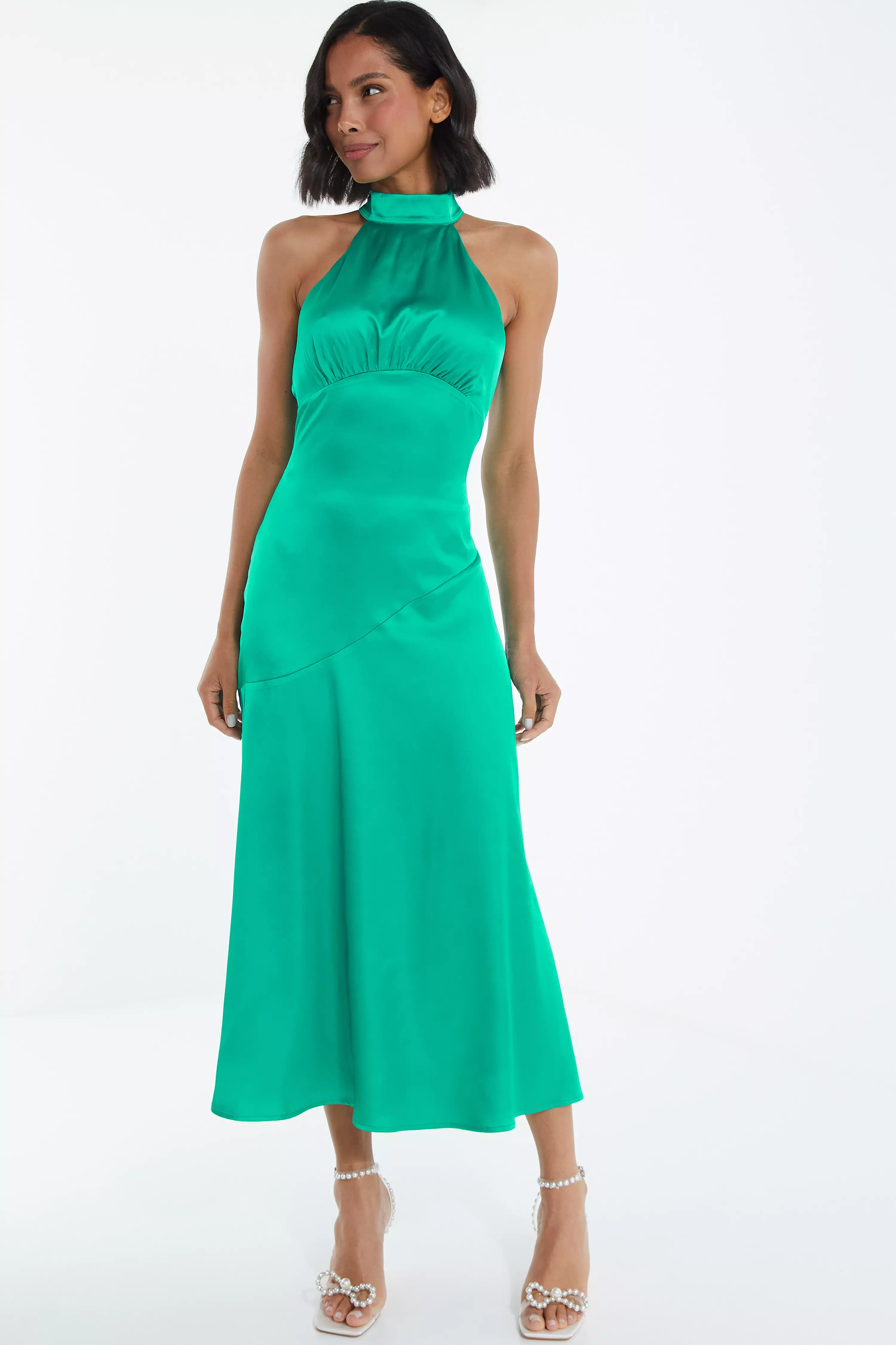 Jade Green Satin High Neck Midi Dress