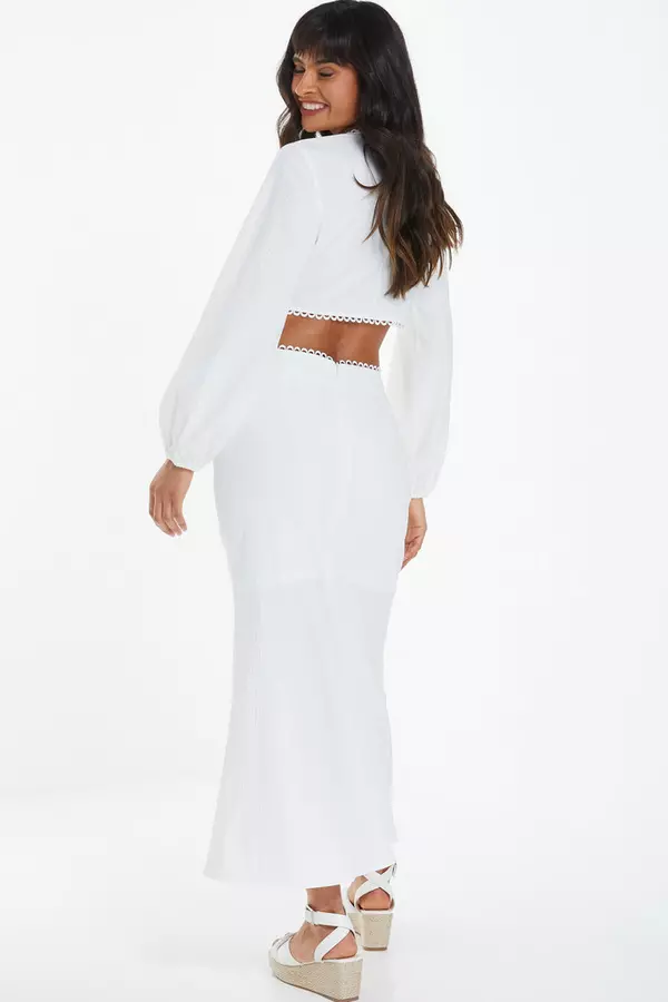White Textured Midi Skirt