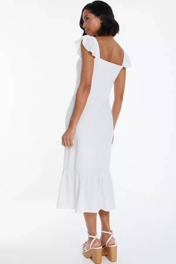White Textured Frill Midi Dress