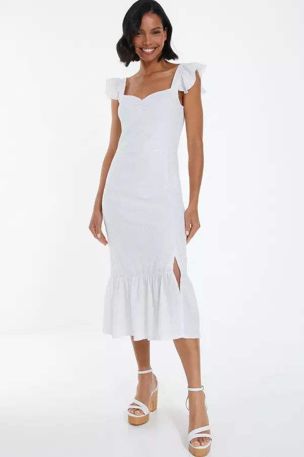 White Textured Frill Midi Dress