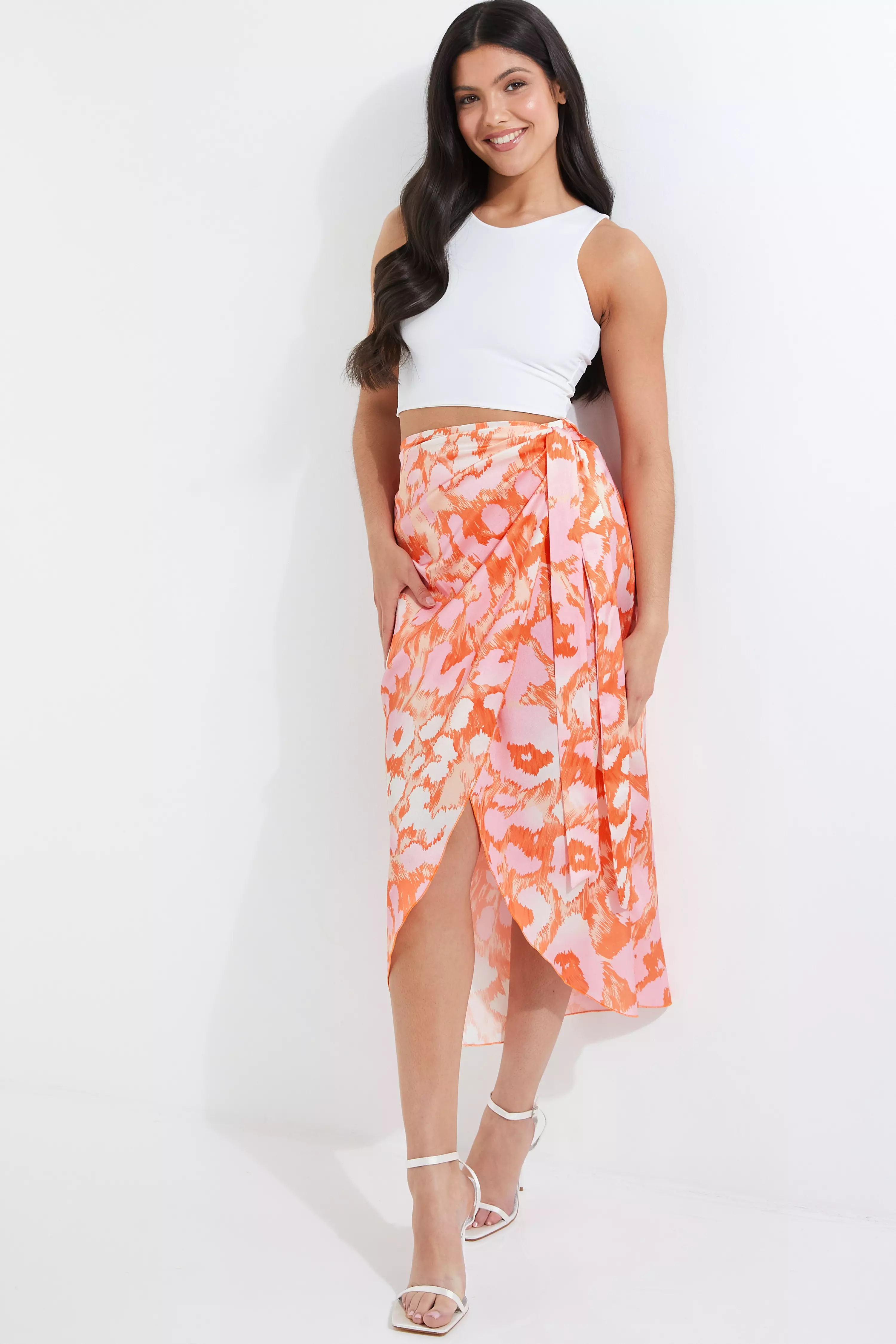 Leopard print satin outlet wrap midi skirt