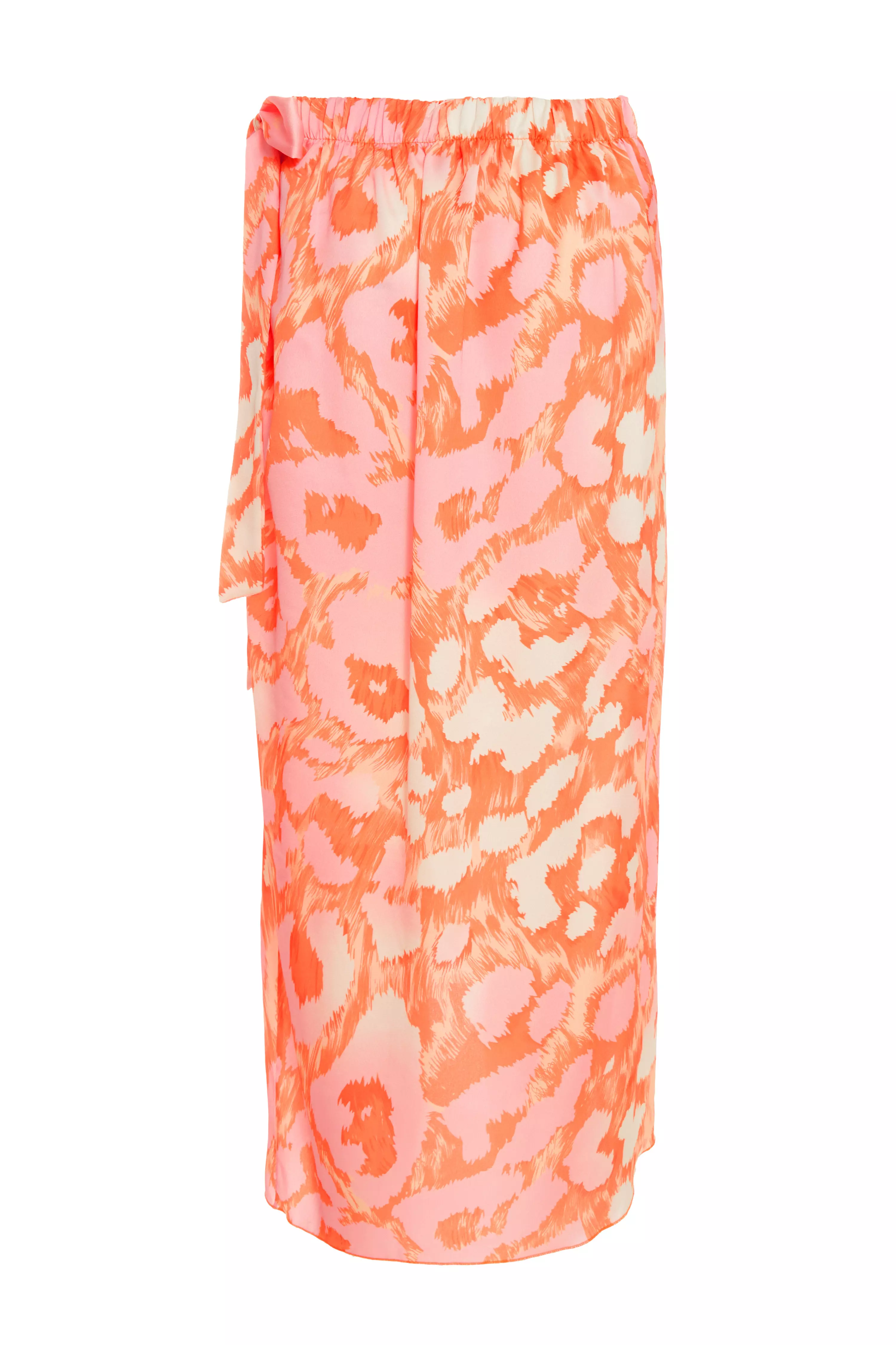Orange Leopard Print Satin Wrap Midi Skirt