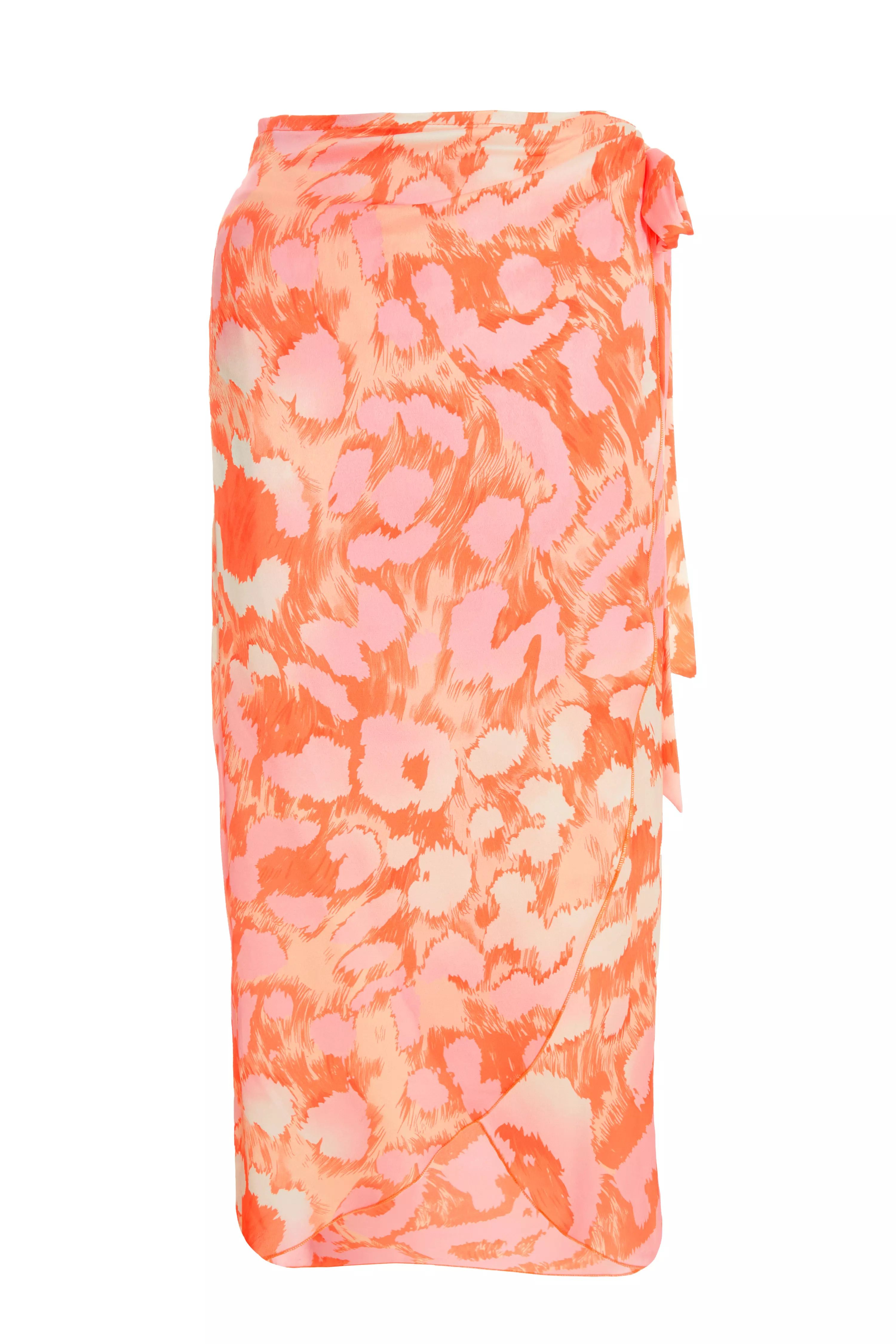 Orange Leopard Print Satin Wrap Midi Skirt