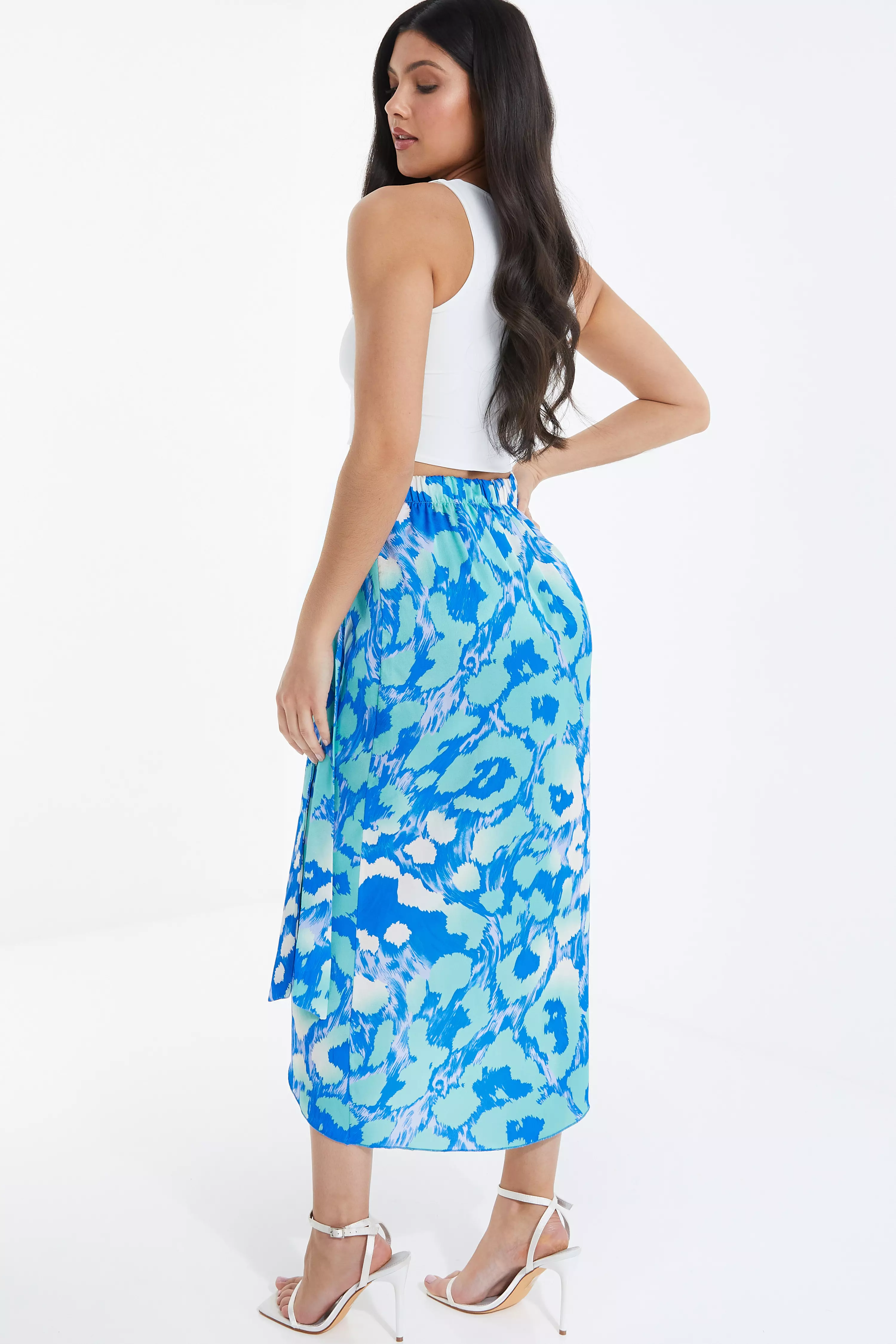 Blue Leopard Print Satin Wrap Midi Skirt