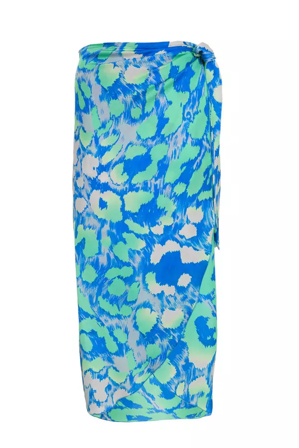 Blue Leopard Print Satin Wrap Midi Skirt