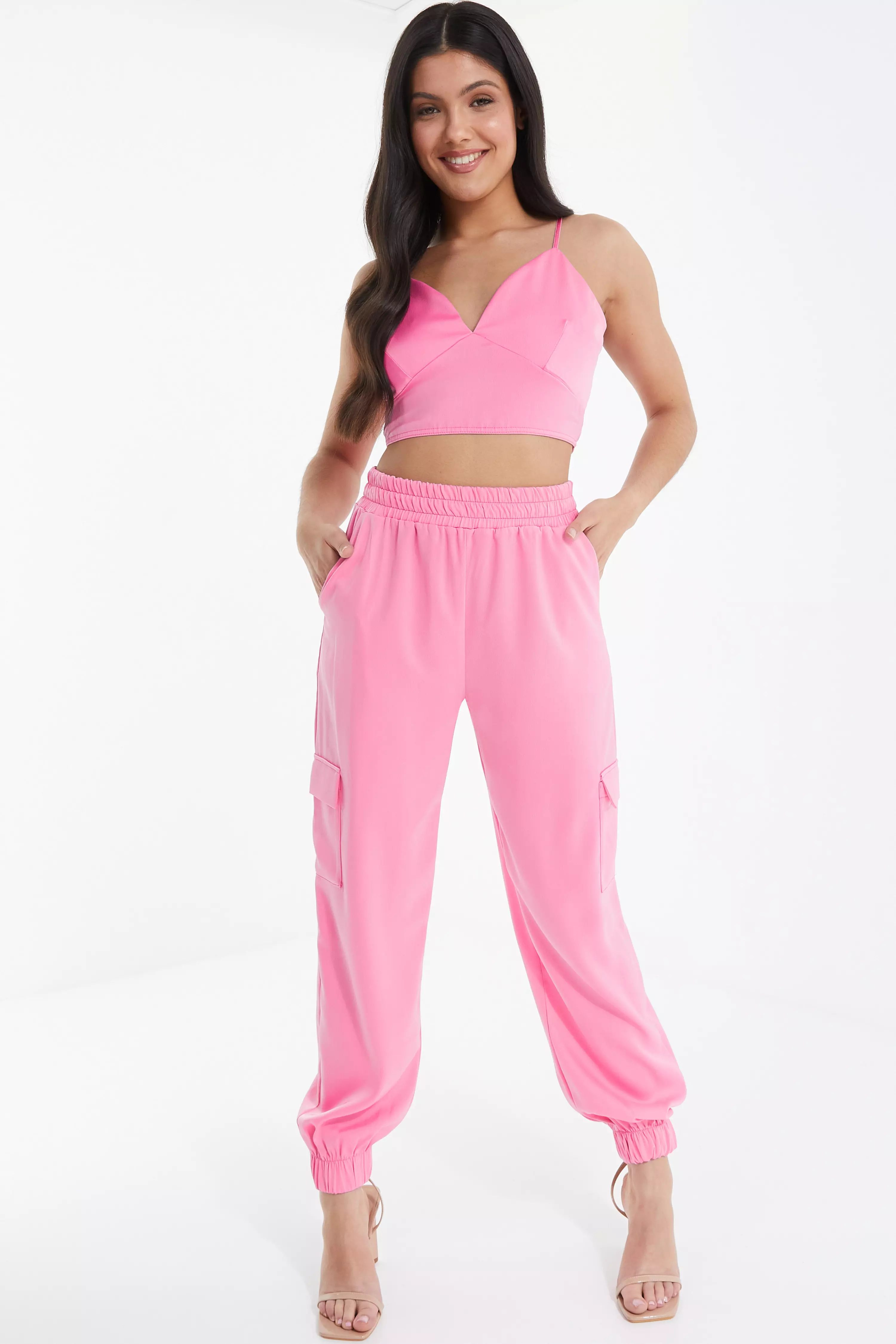 Pink Satin Cargo Trousers
