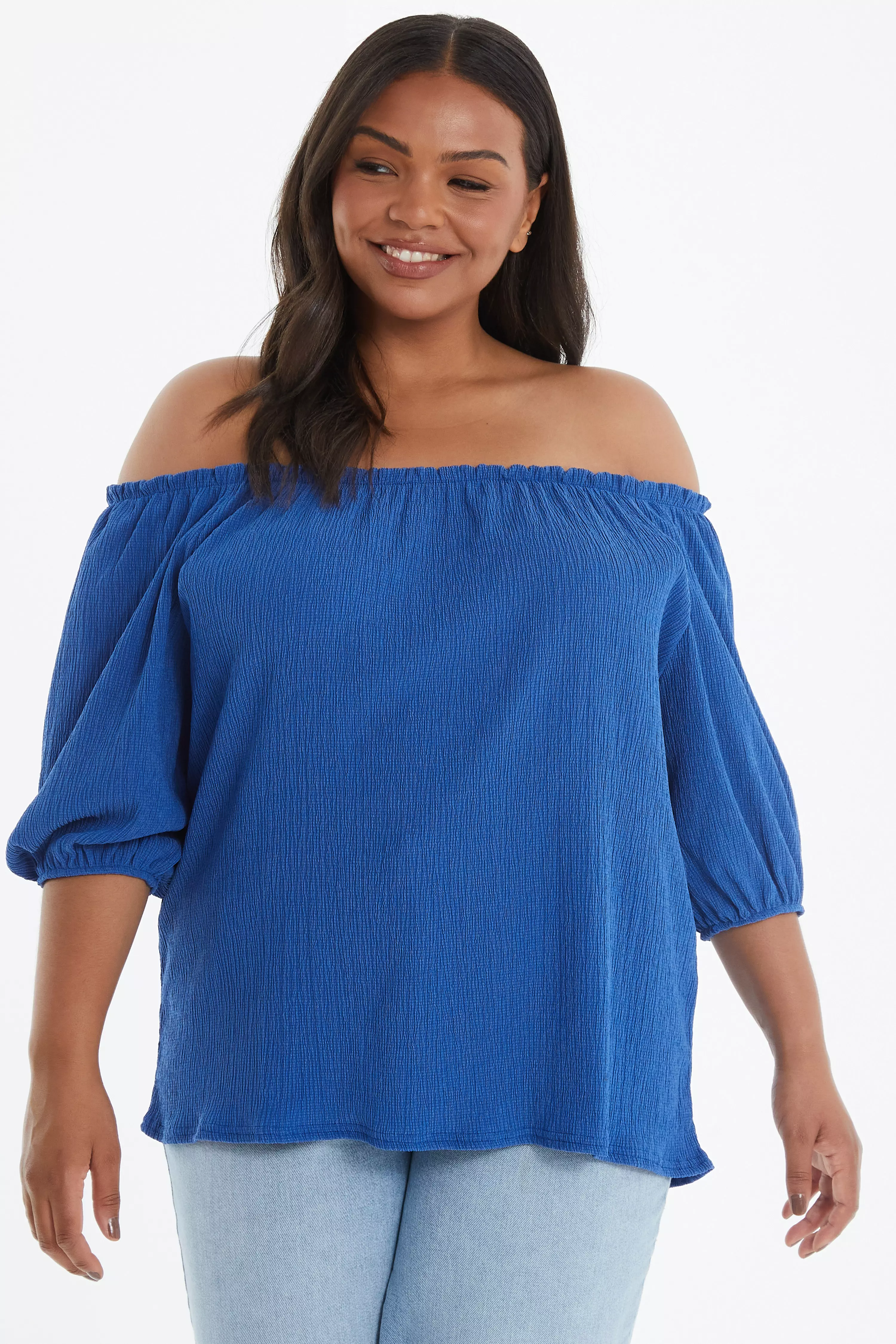 Curve Blue Bardot Crinkle Top