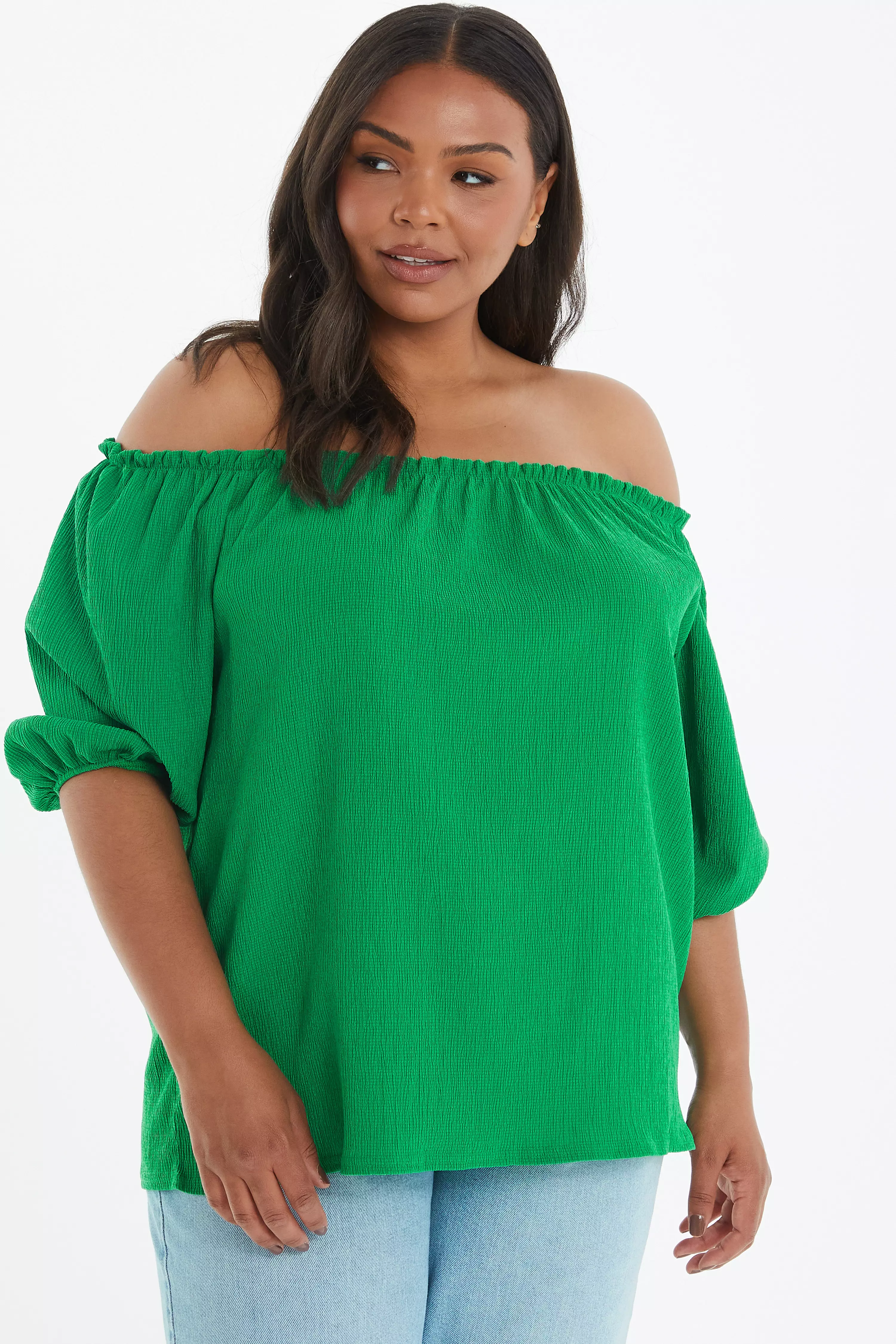 Curve Green Bardot Crinkle Top