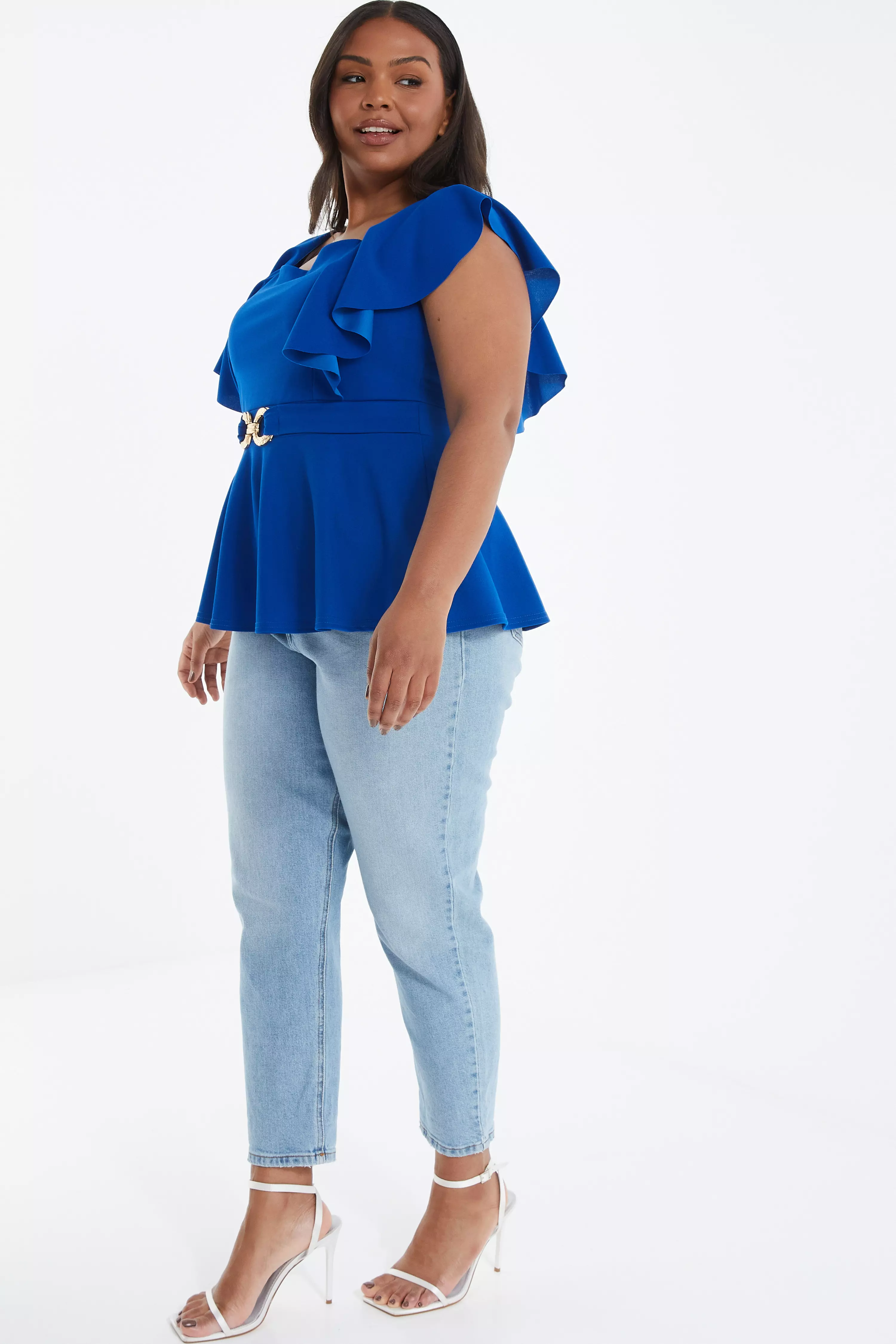 Curve Royal Blue Frill Sleeve Peplum Top