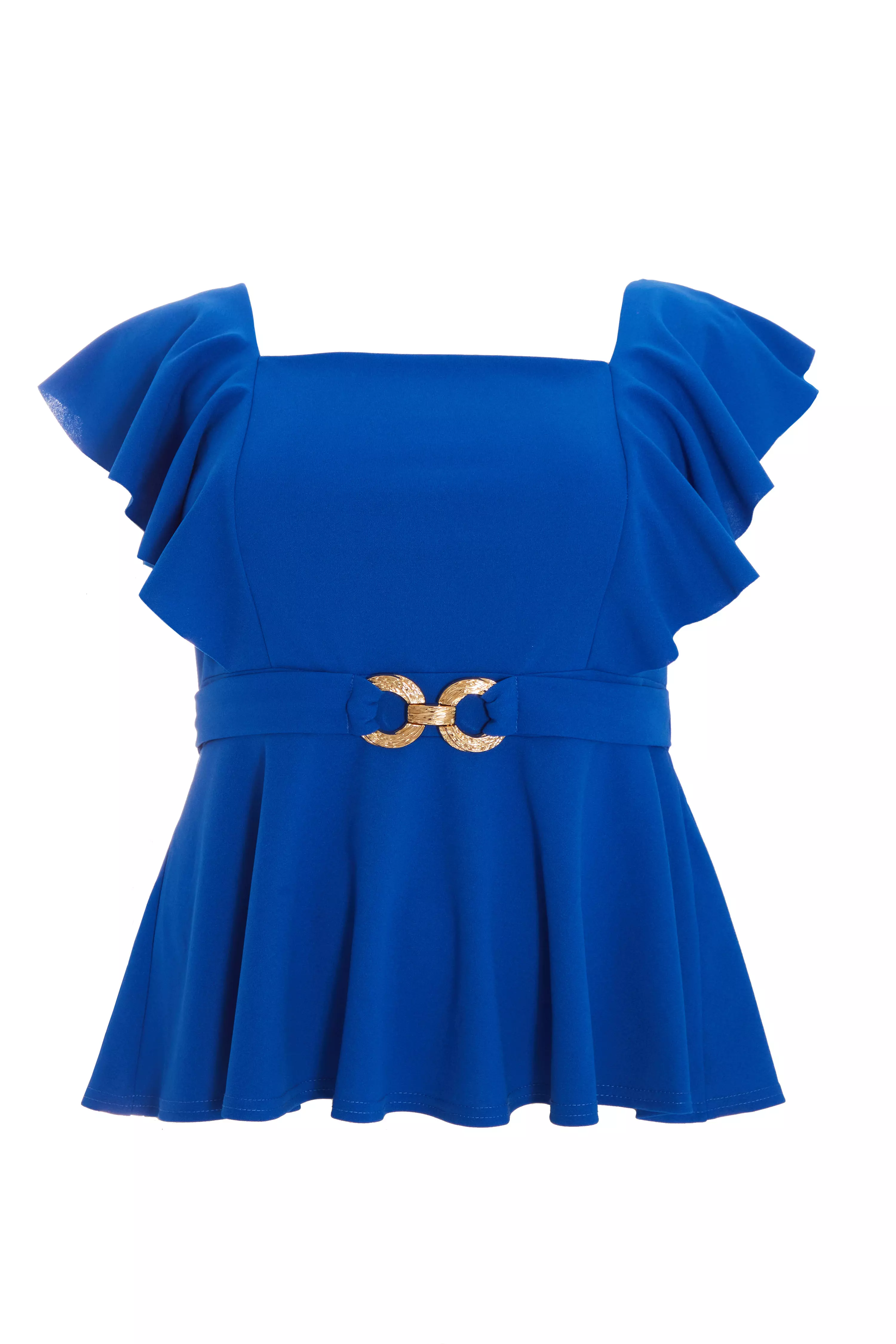 Curve Royal Blue Frill Sleeve Peplum Top