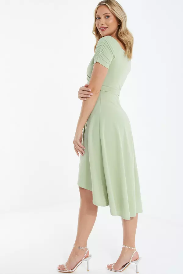 Green Bardot Dip Hem Midi Dress