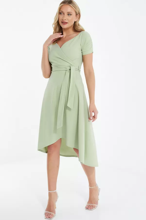 Green Bardot Dip Hem Midi Dress