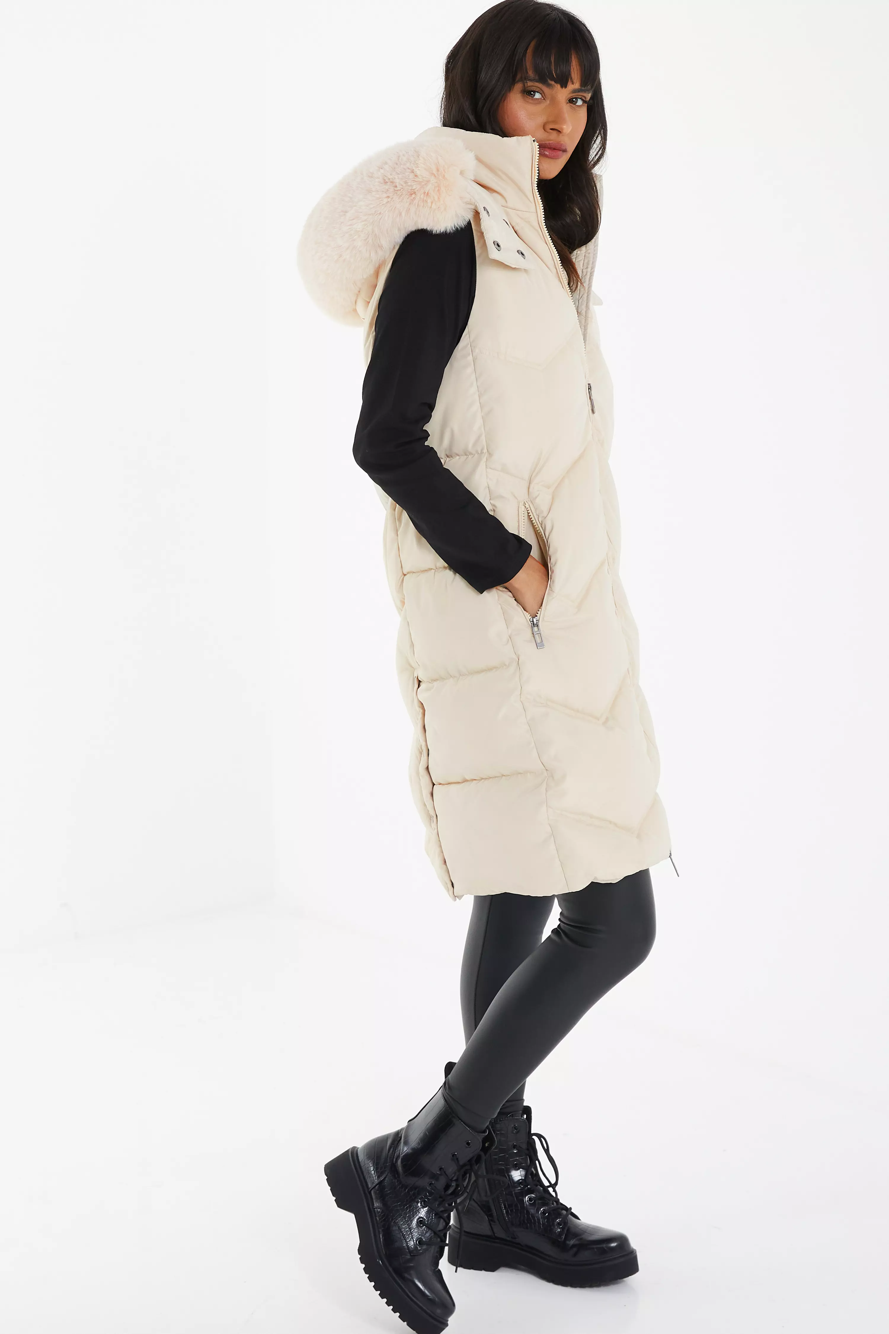 Stone Padded Hooded Long Gilet