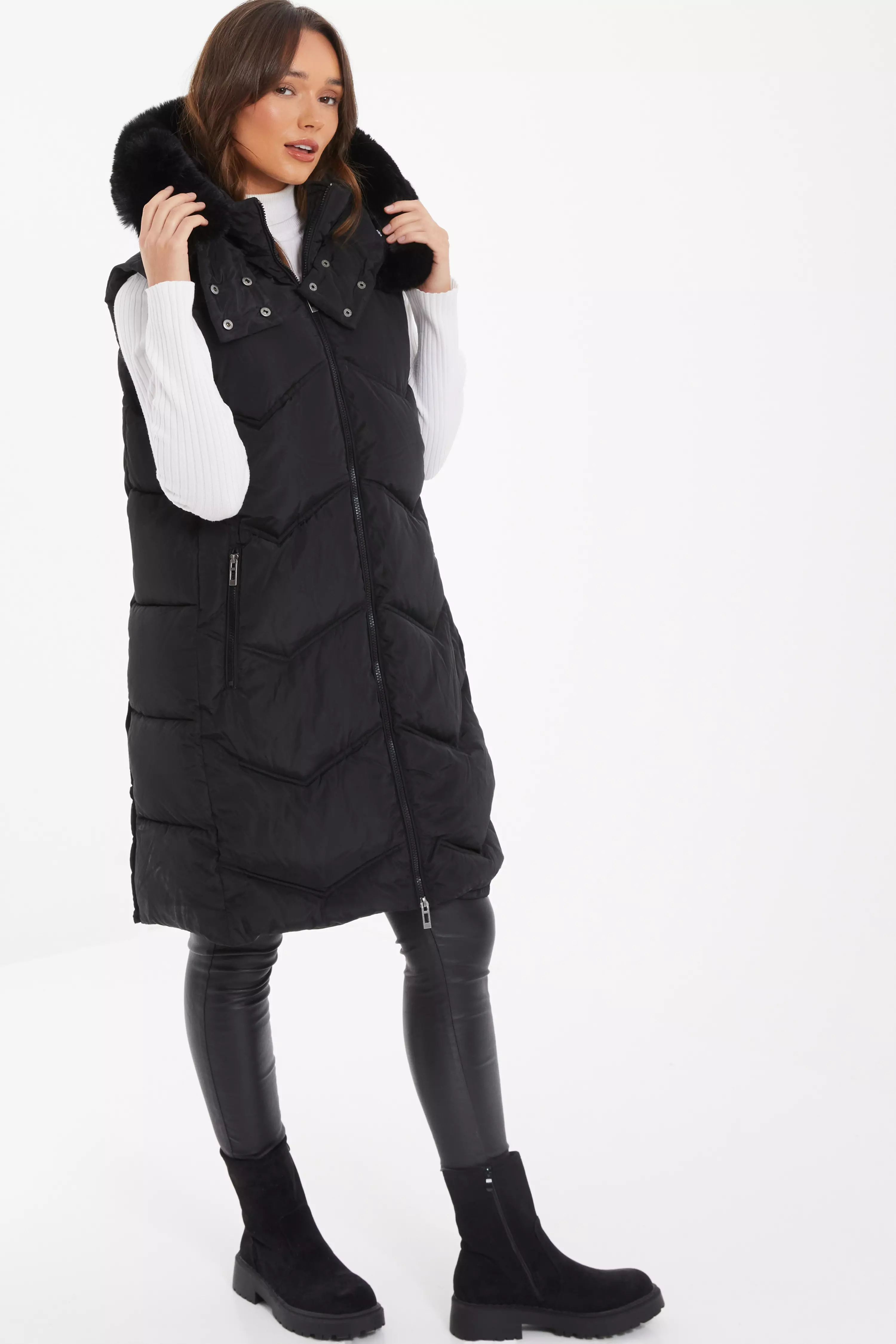 Black Padded Hooded Long Gilet