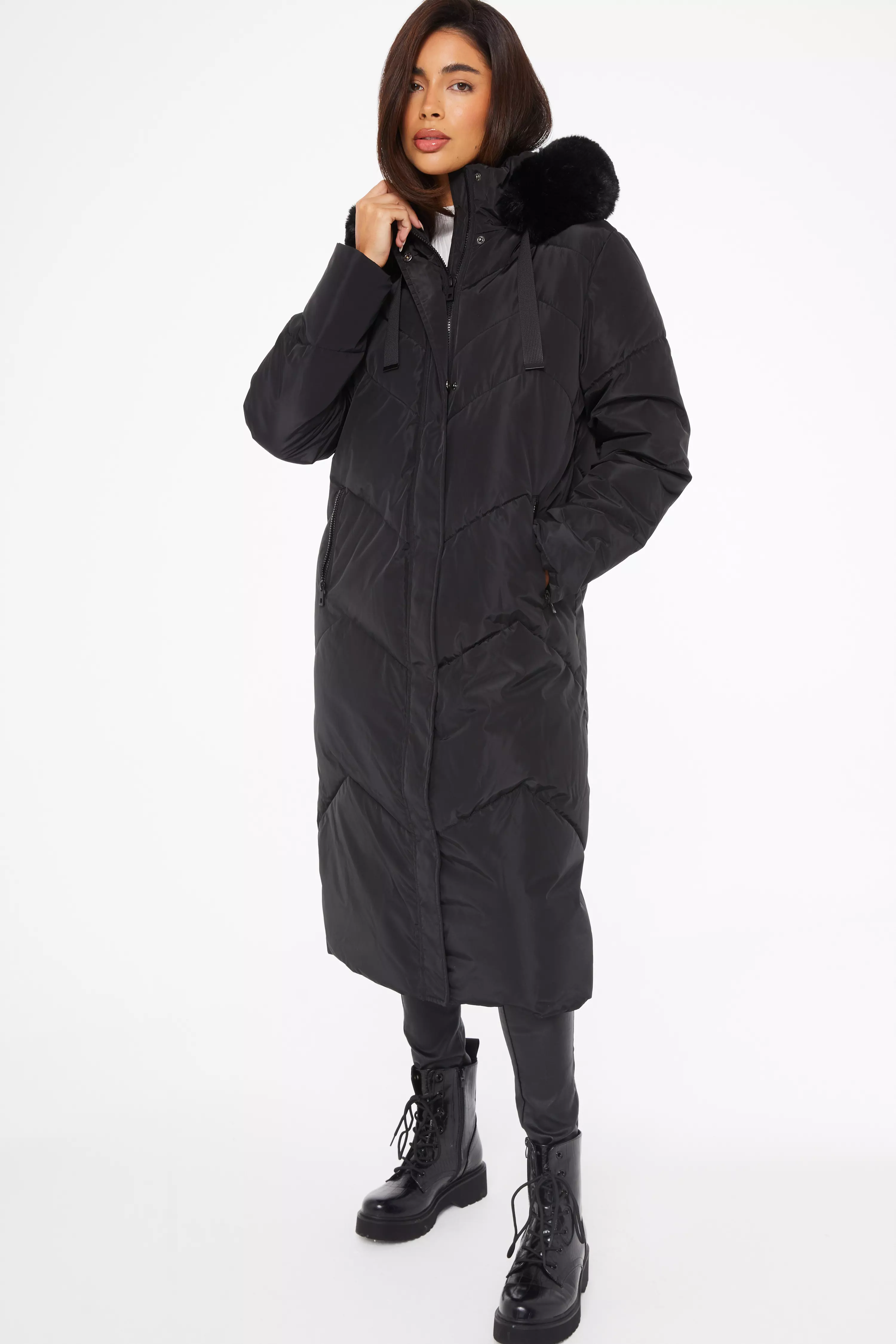 Black Padded Faux Fur Hood Parka