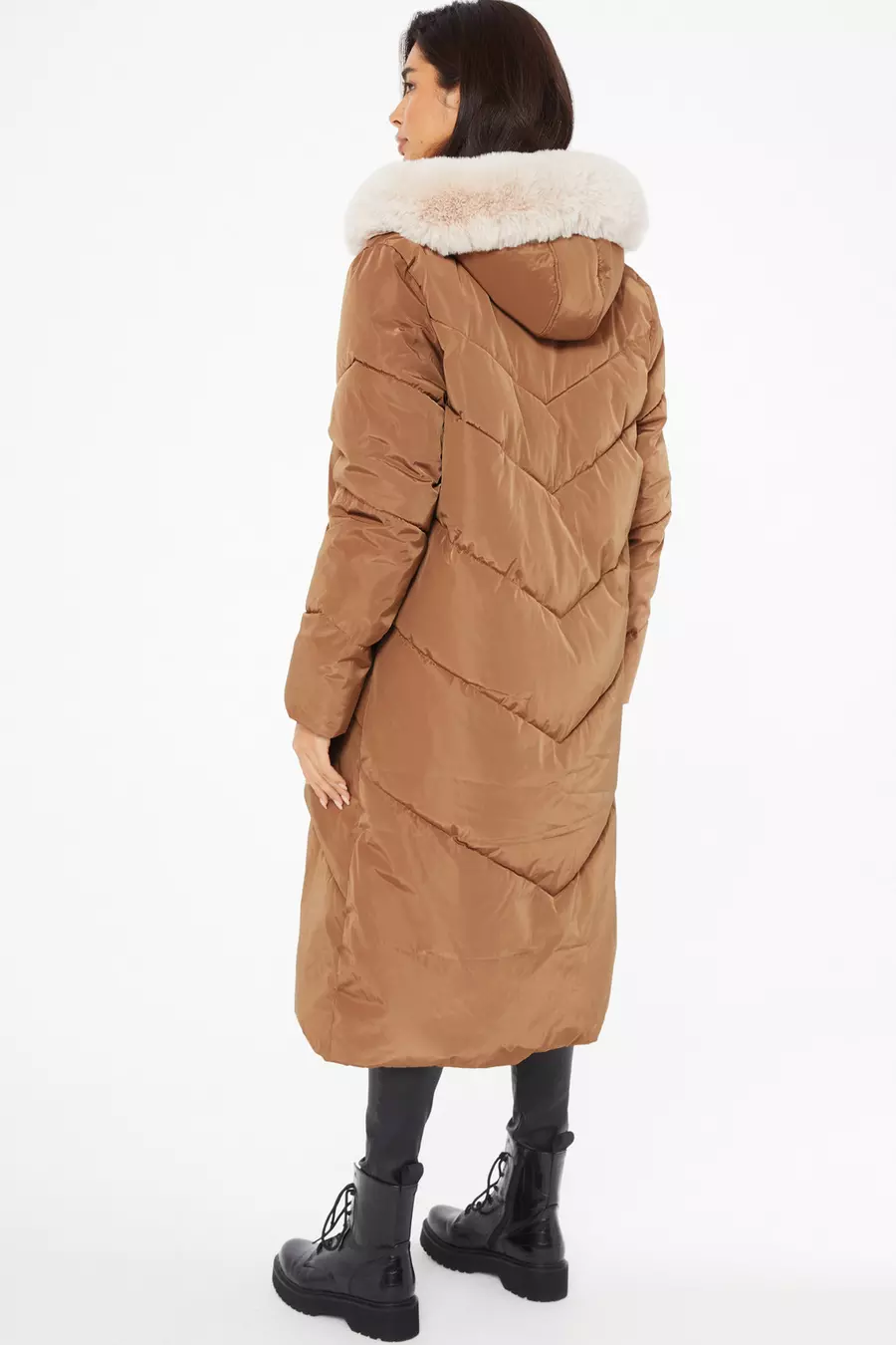 Camel Padded Faux Fur Hood Parka QUIZ Clothing