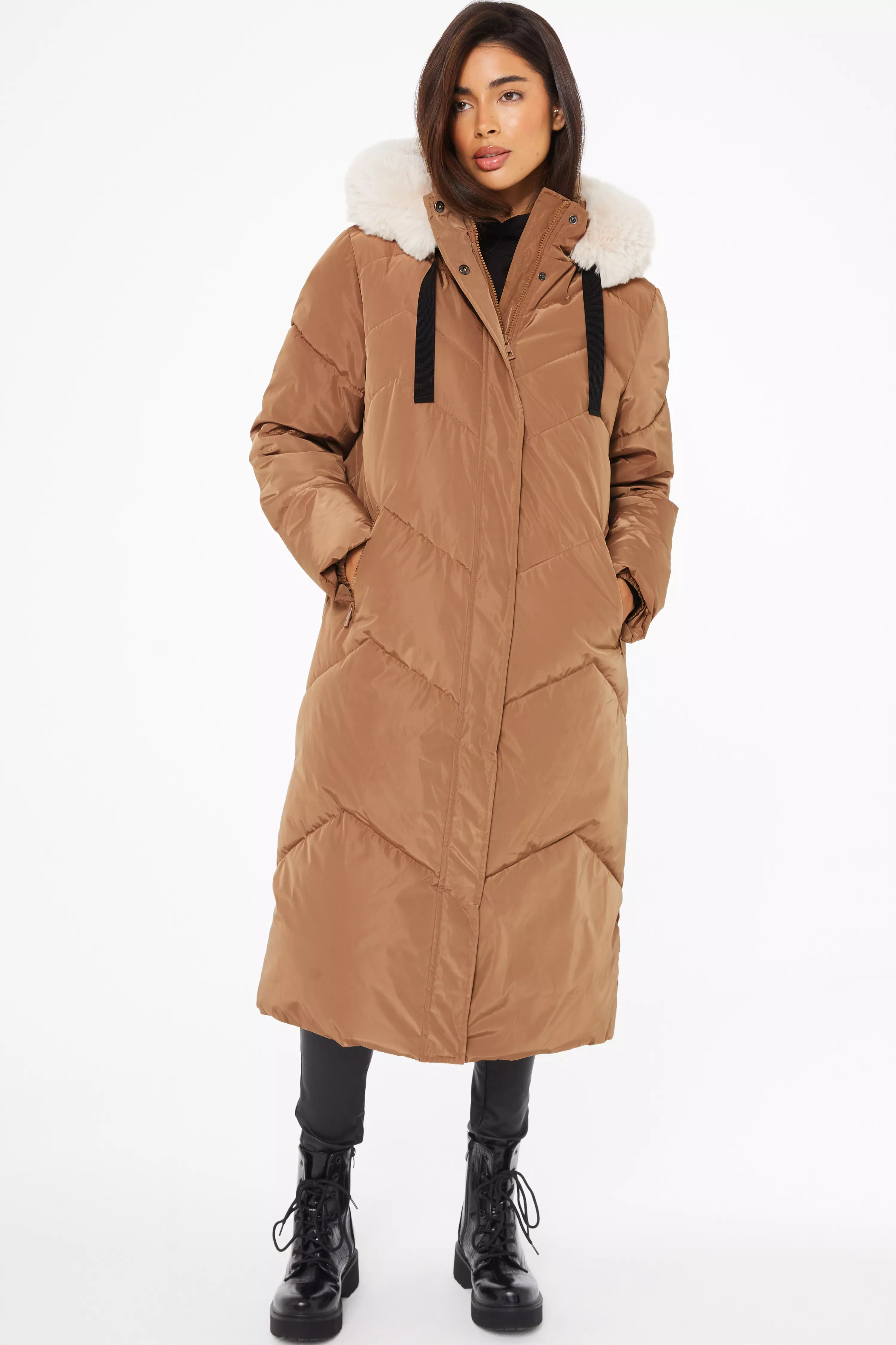 Camel Padded Faux Fur Hood Parka