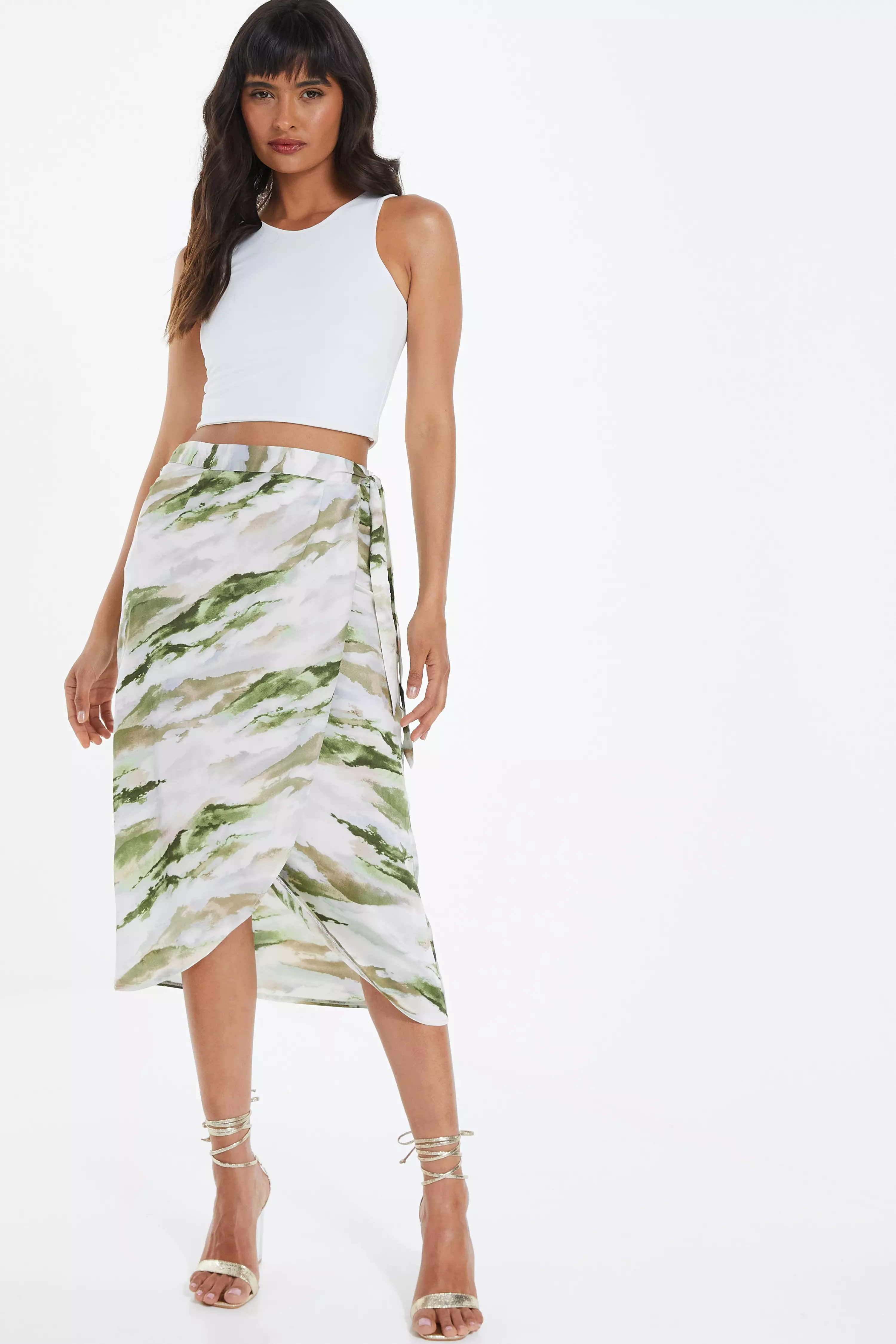 Green Marble Print Wrap Midi Skirt