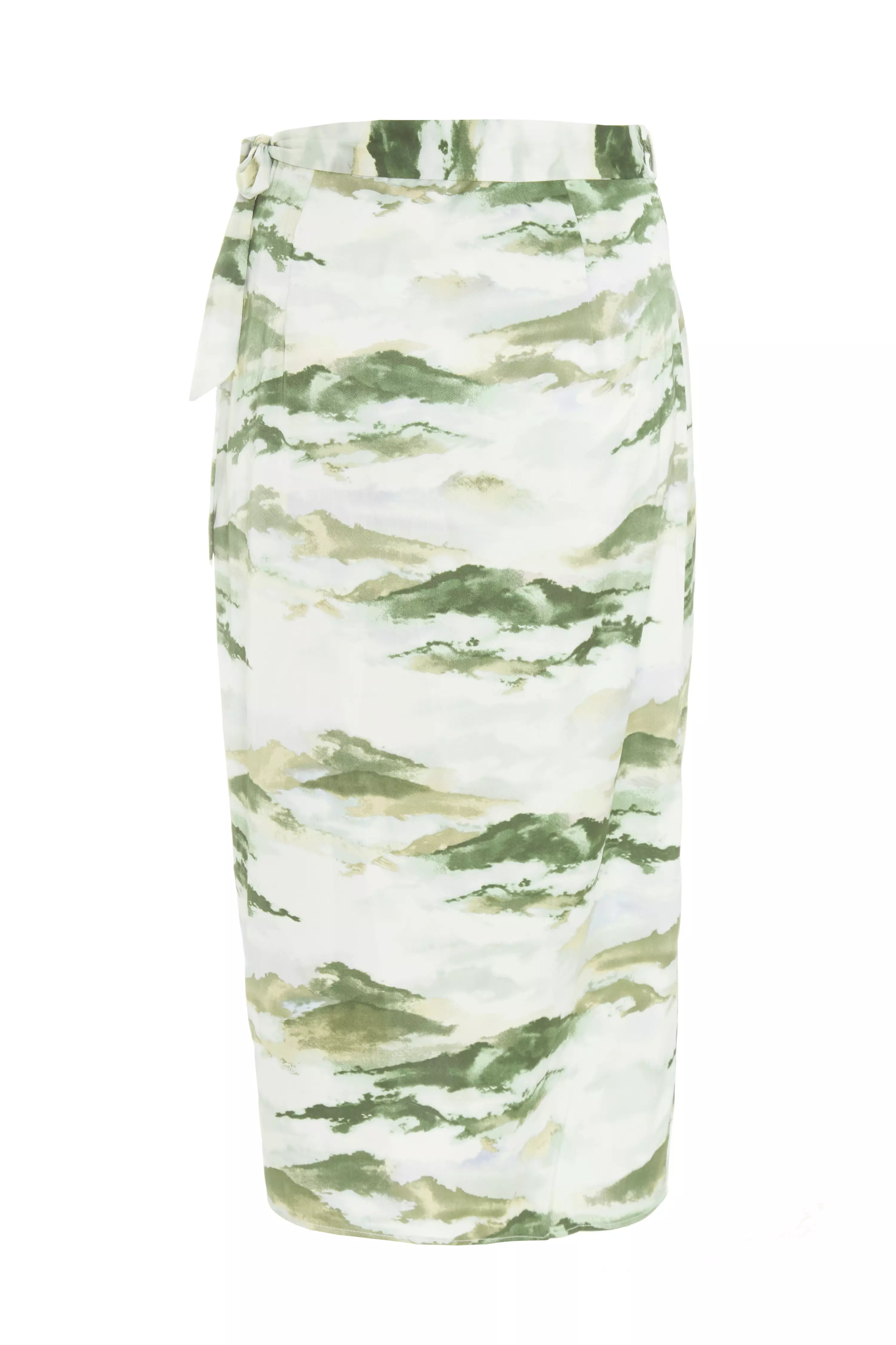 Green Marble Print Wrap Midi Skirt