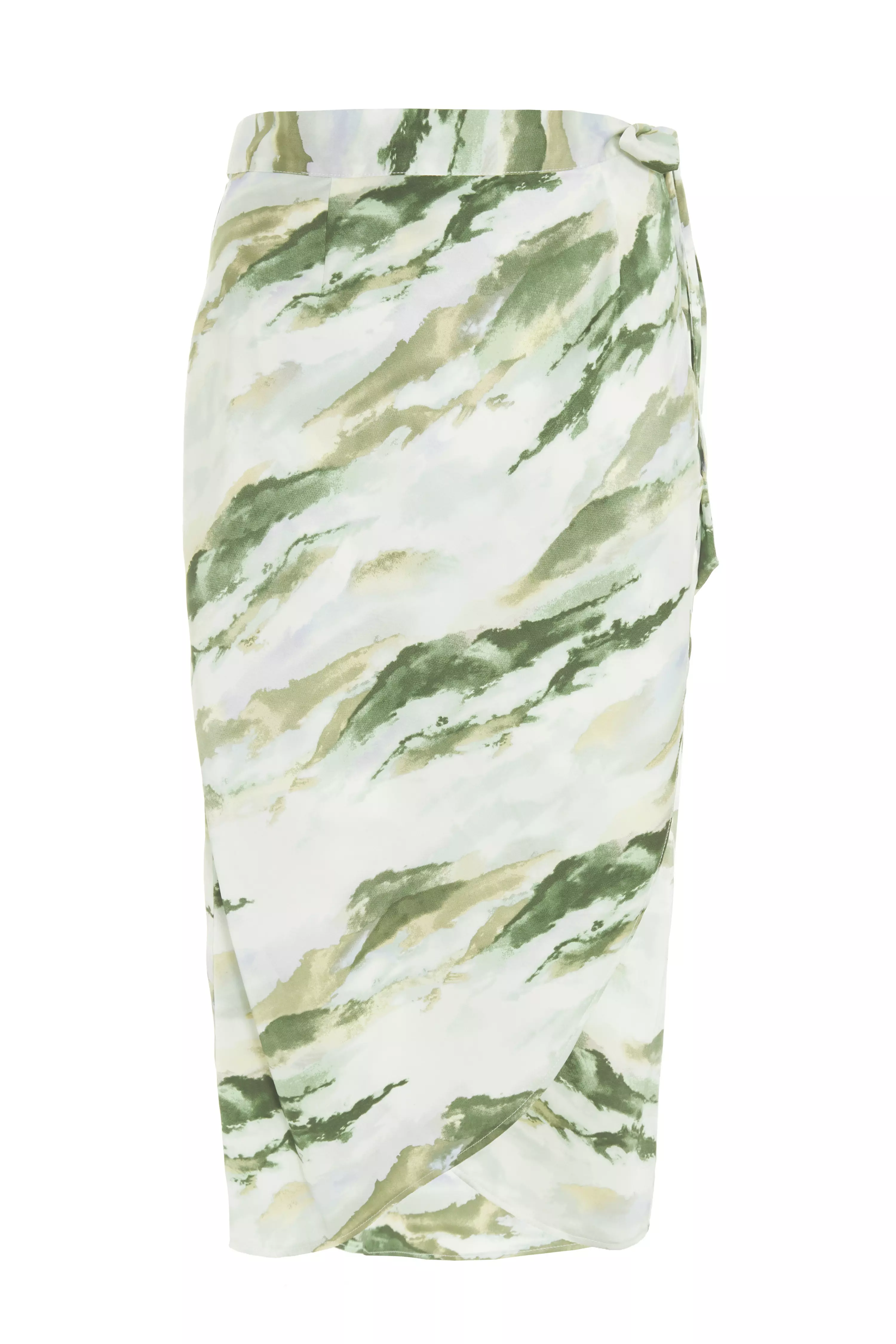 Green Marble Print Wrap Midi Skirt