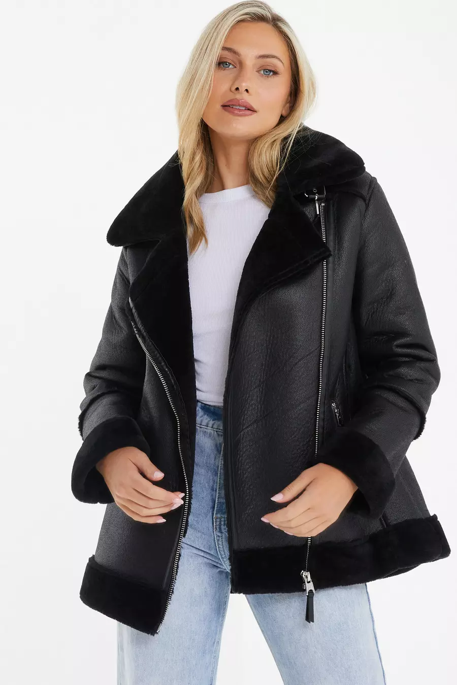 Black Aviator Faux Fur Jacket QUIZ Clothing