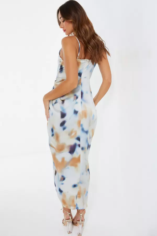 Multicoloured Marble Print Satin Ruched Midaxi Dress
