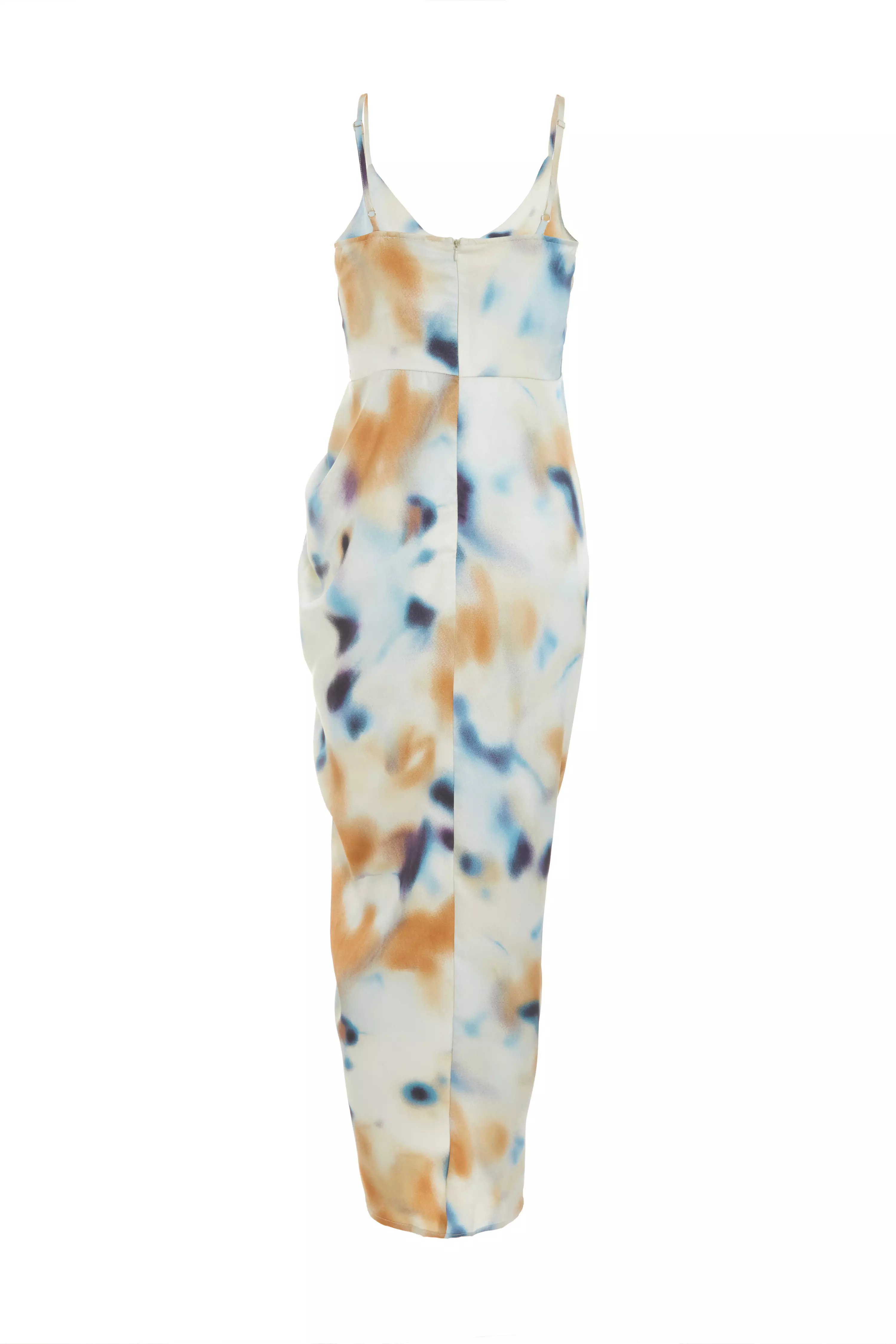 Multicoloured Marble Print Satin Ruched Midaxi Dress