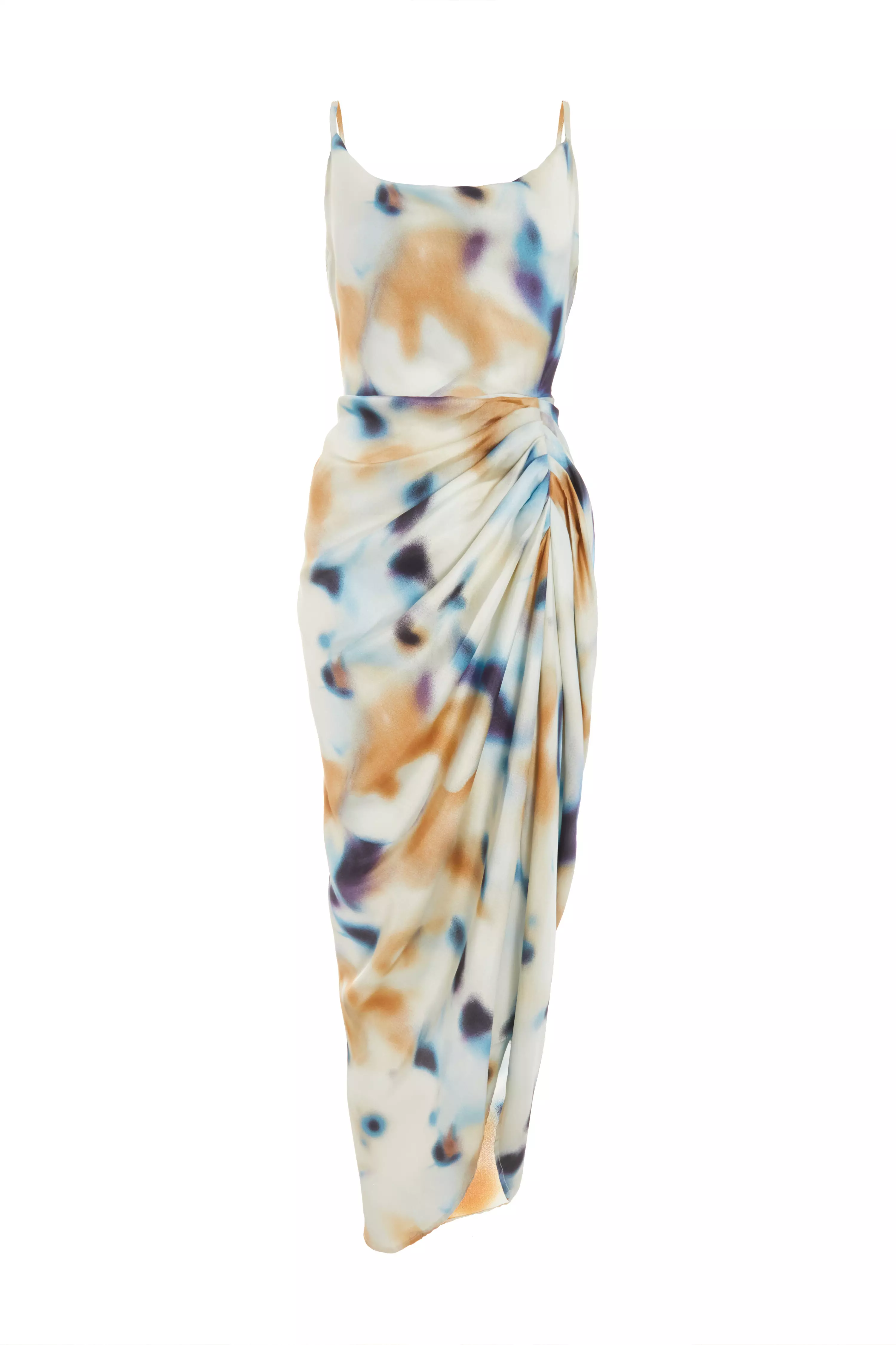 Multicoloured Marble Print Satin Ruched Midaxi Dress