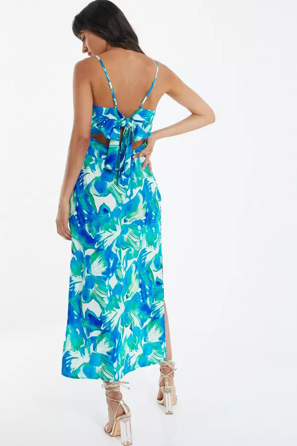 Blue Tropical Print Satin Midaxi Dress