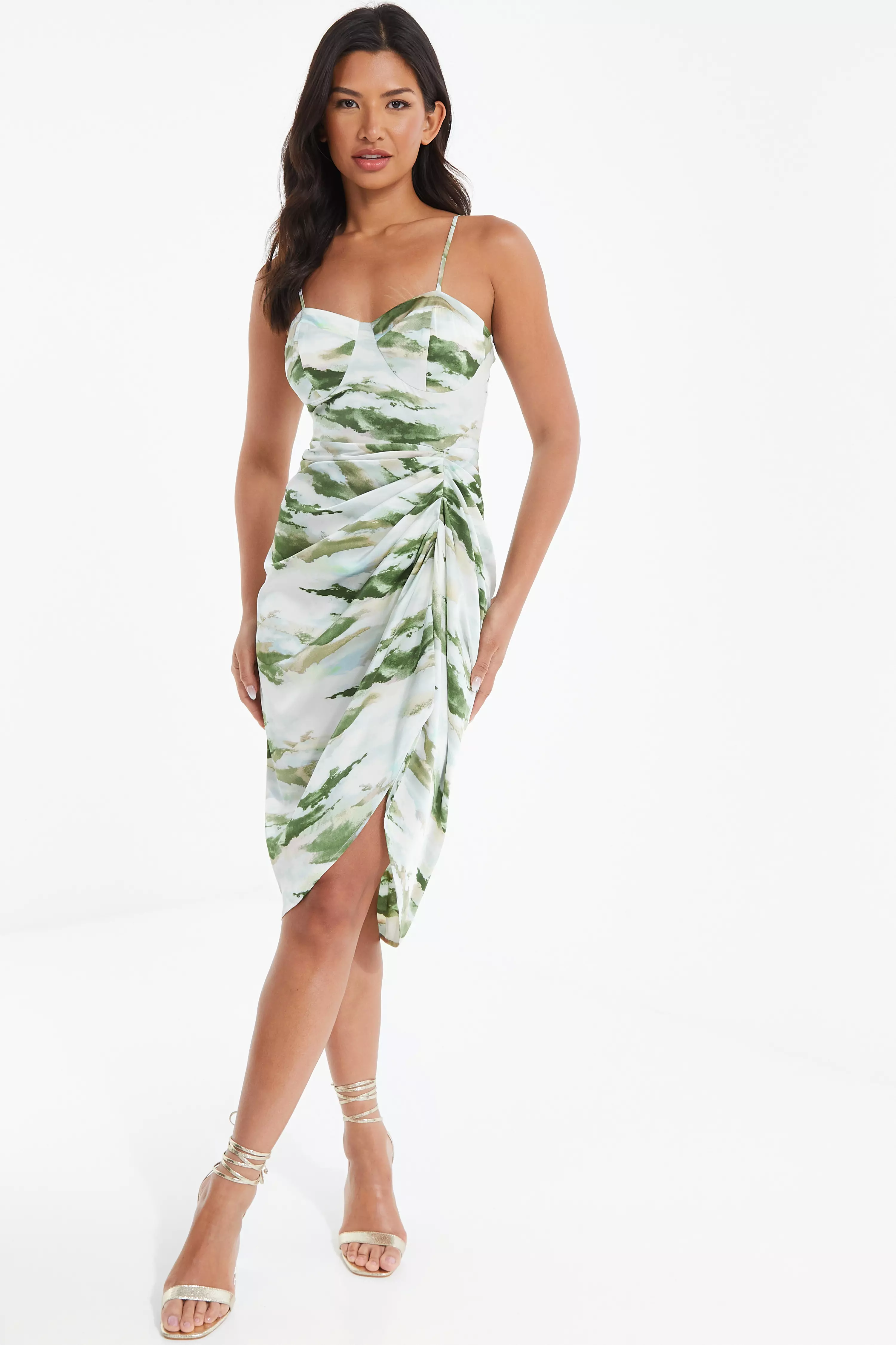 Green Marble Print Satin Midi Dress