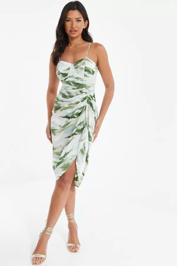 Green Marble Print Satin Ruched Midi Dress