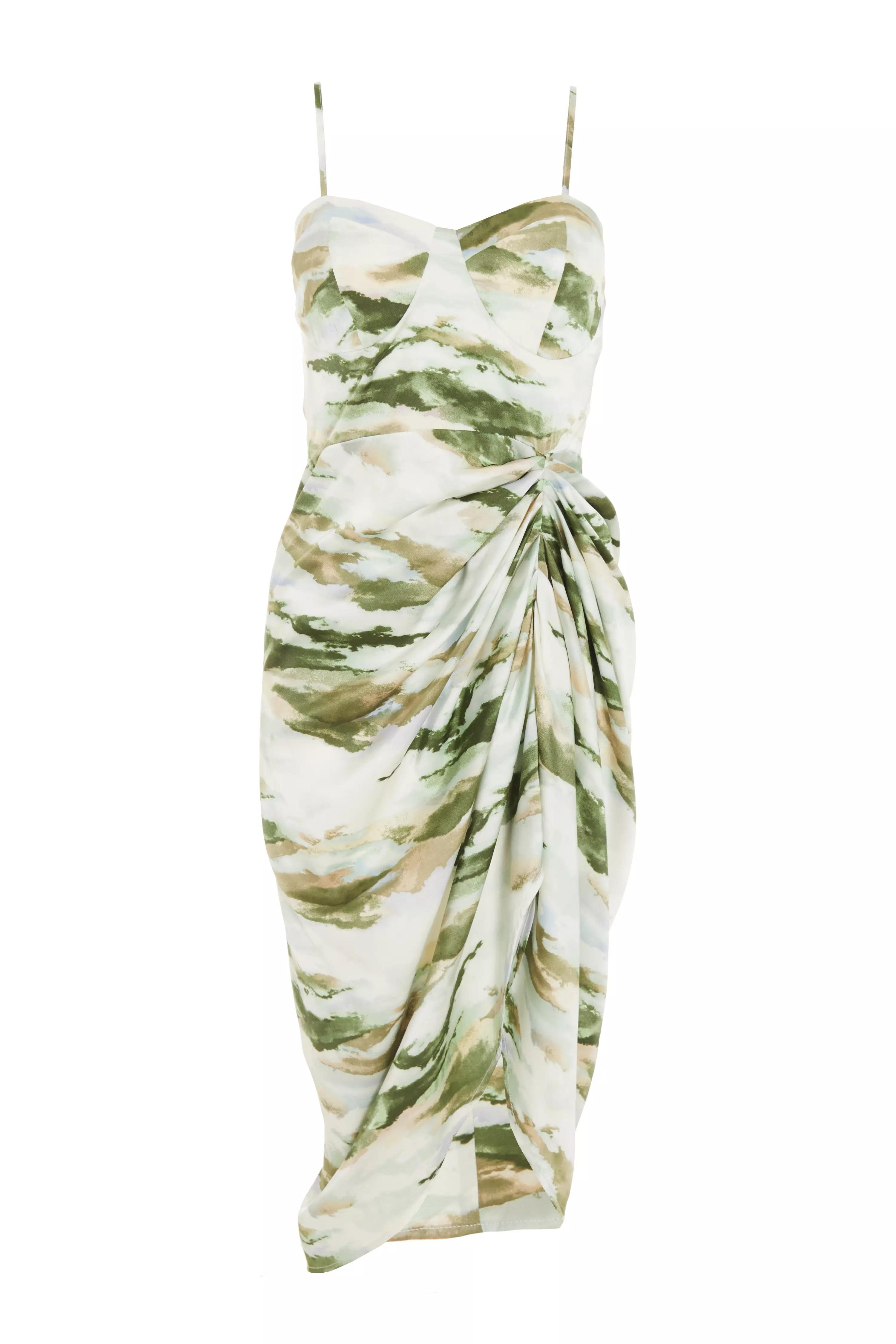 Green Marble Print Satin Midi Dress