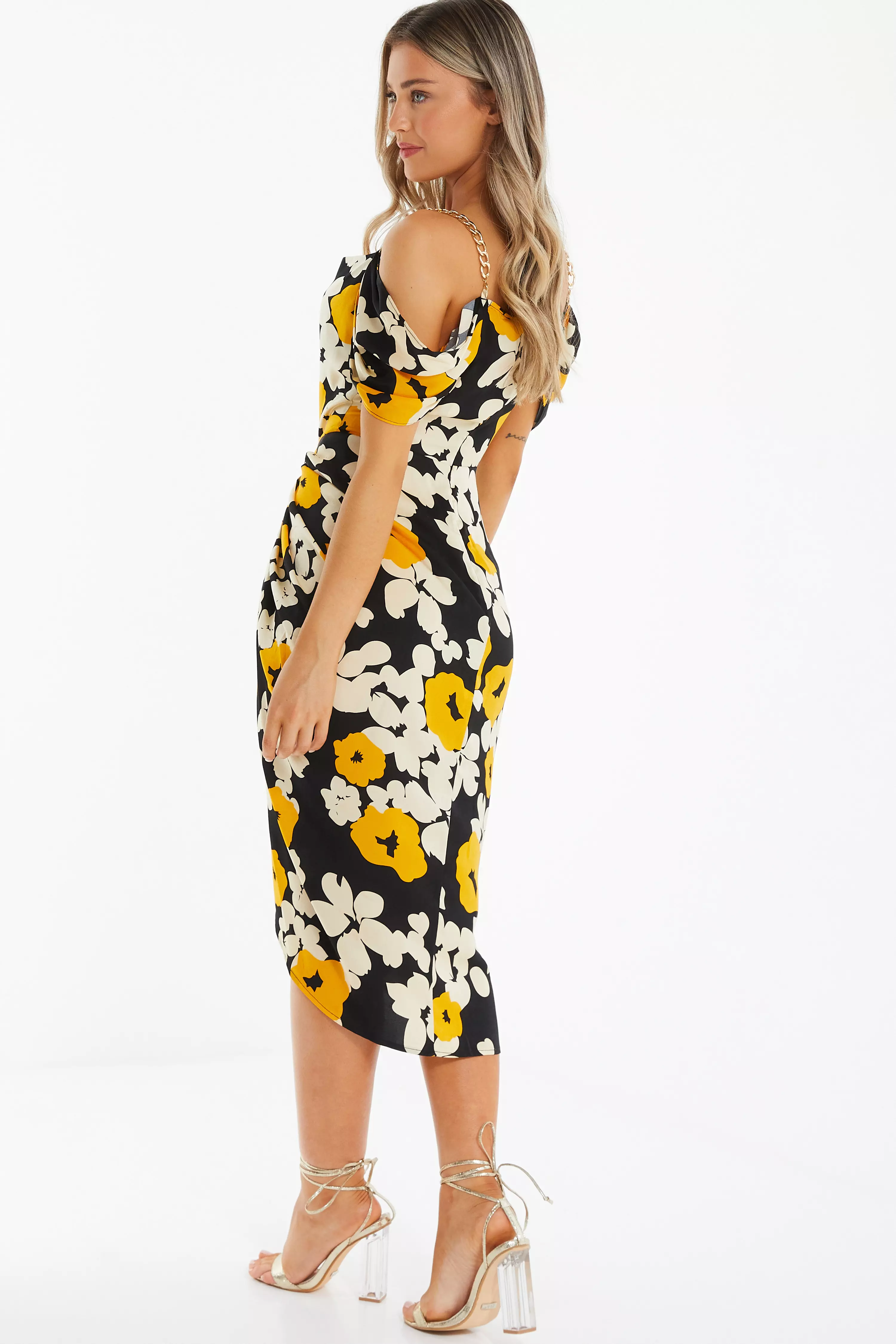 Black Floral Cold Shoulder Midi Dress