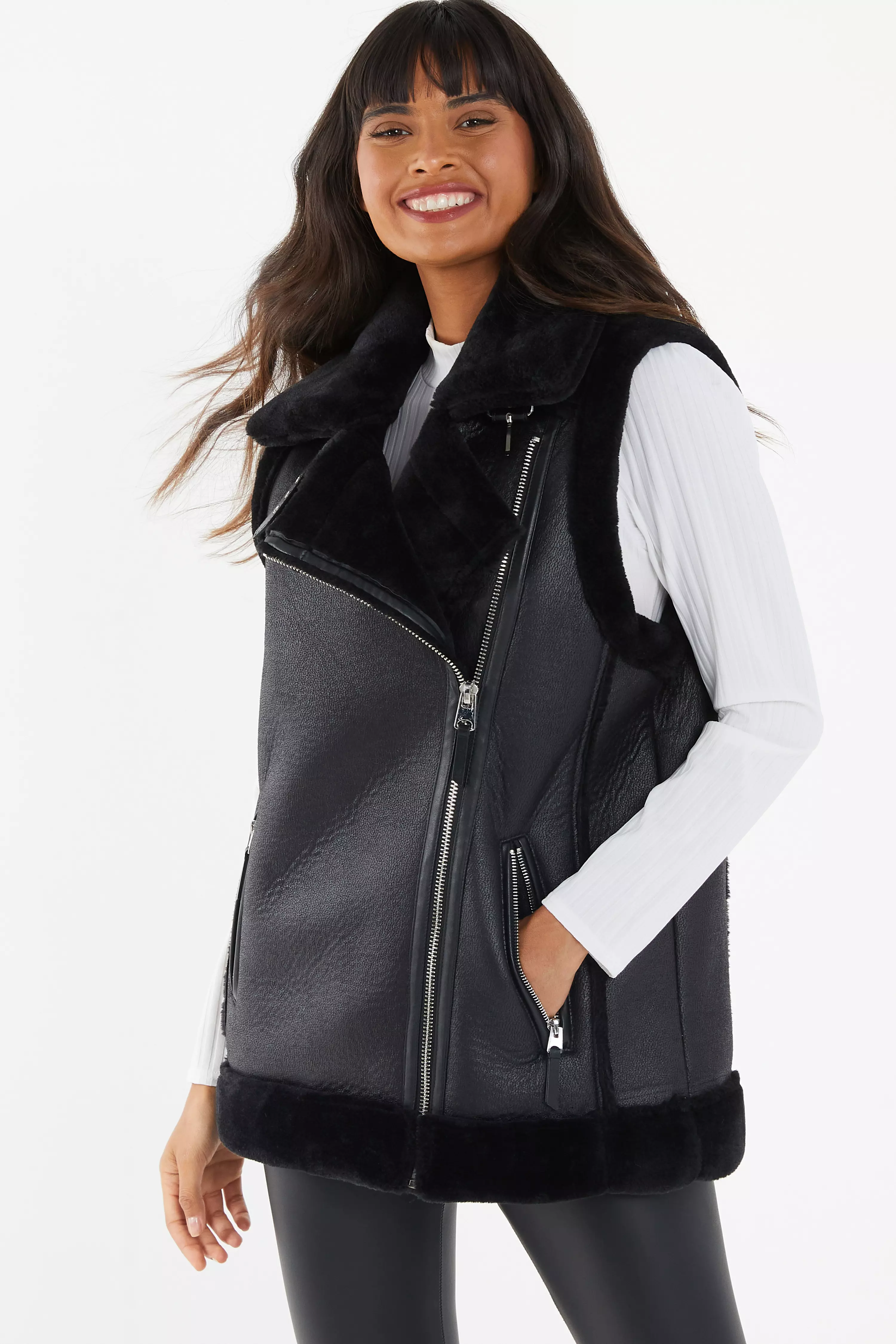 Black Aviator Faux Fur Gilet