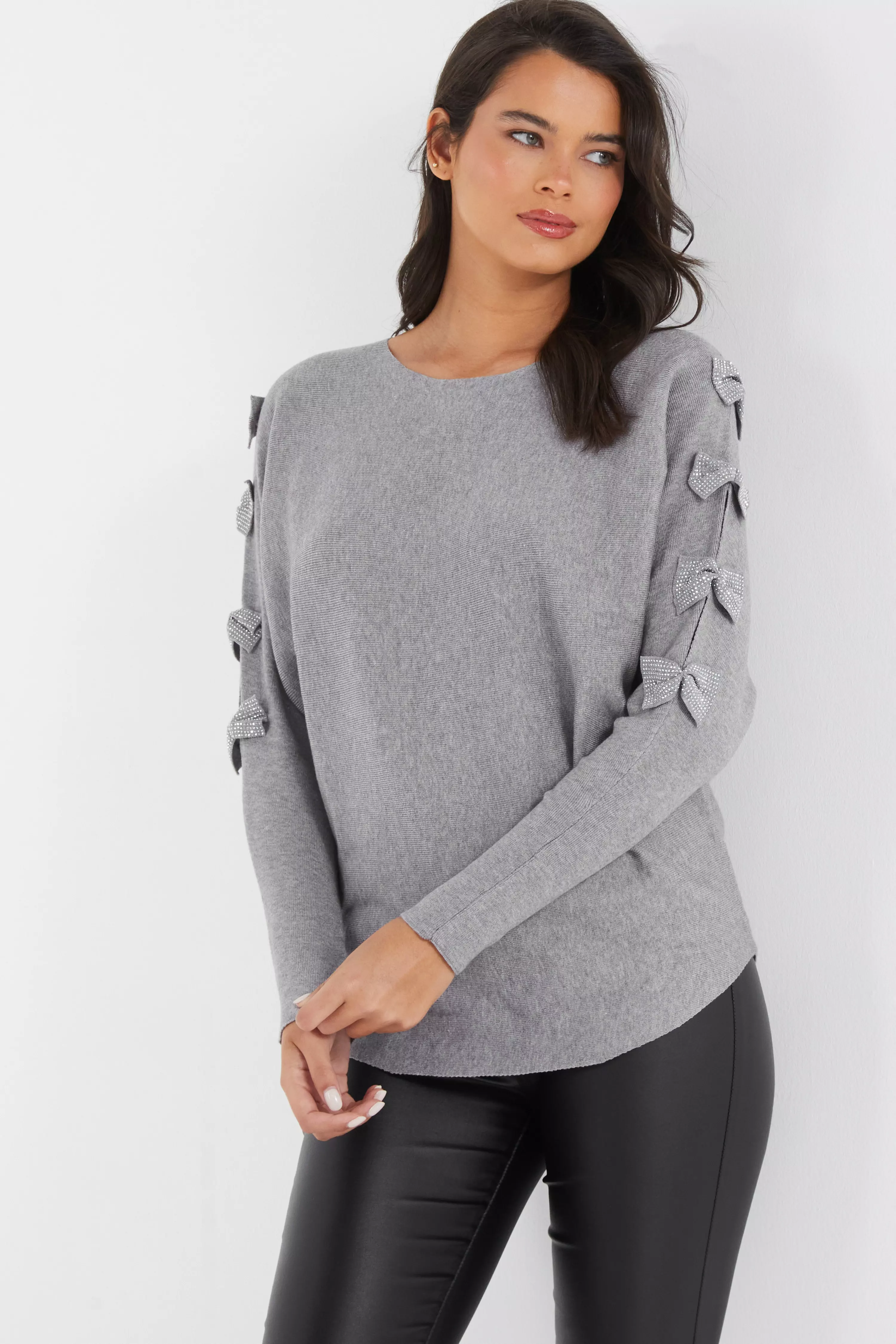 Grey Knit Diamante Bow Sleeve Jumper