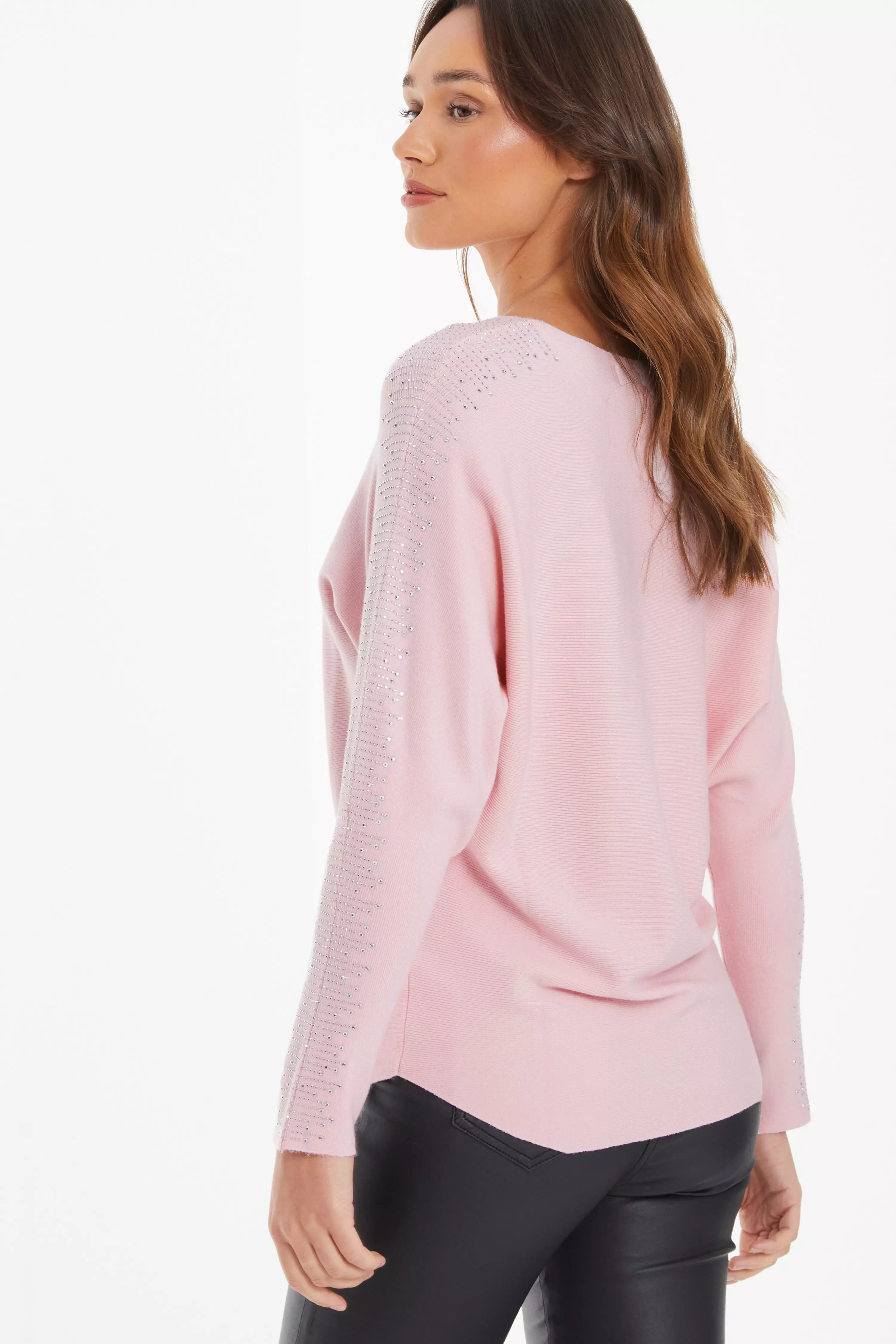 Pink Light Knit Diamante Sleeve Jumper