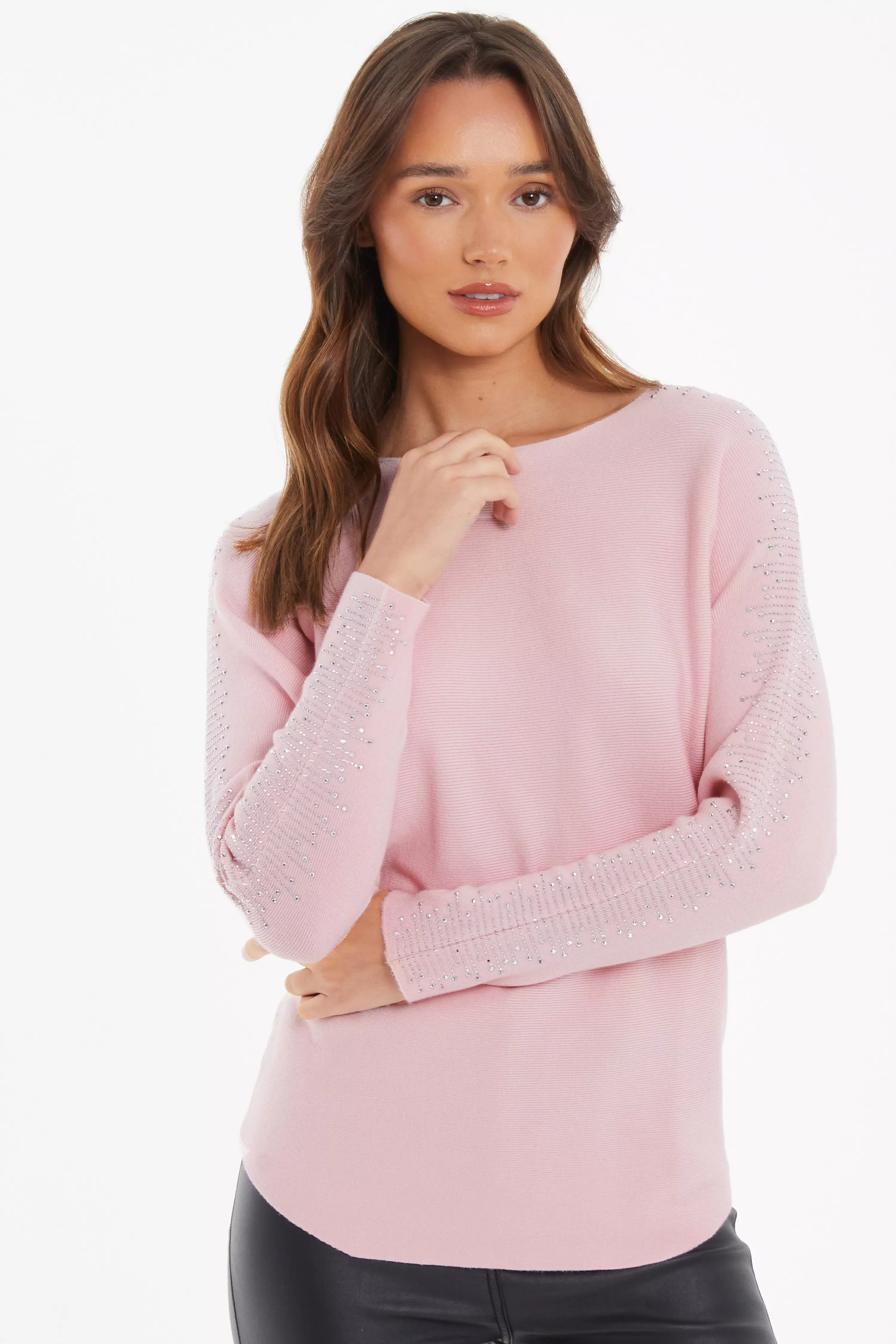 Pink Light Knit Diamante Sleeve Jumper