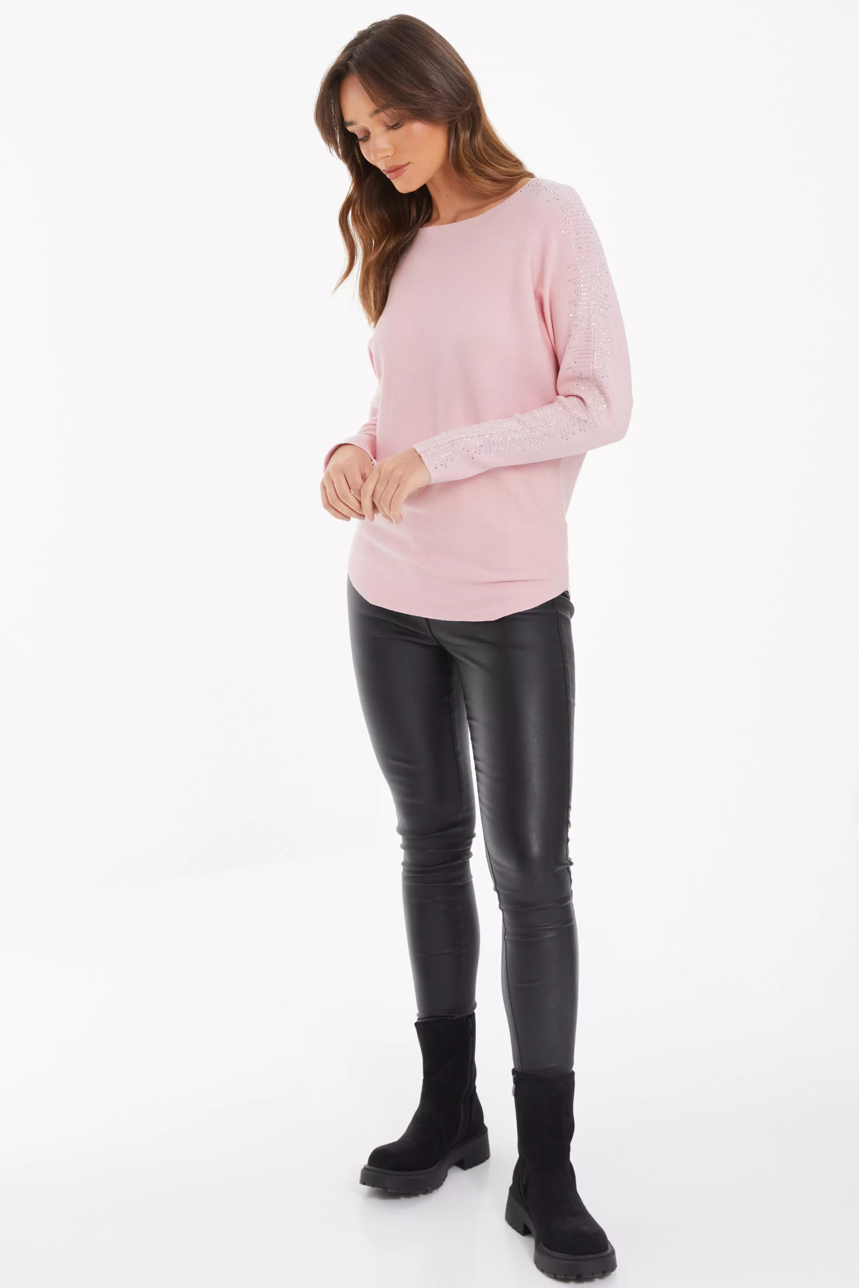 Pink Light Knit Diamante Sleeve Jumper