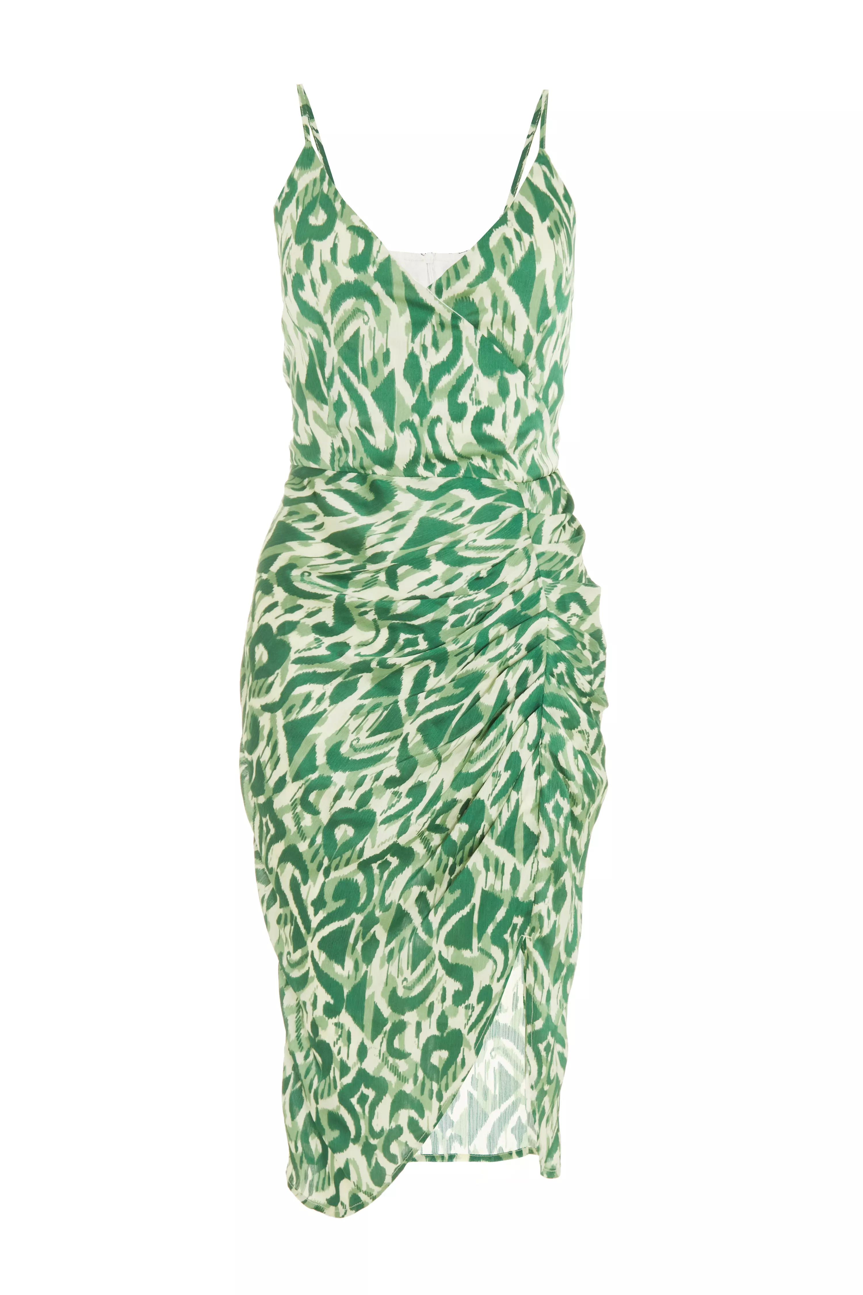 Green Aztec Print Ruched Midi Dress