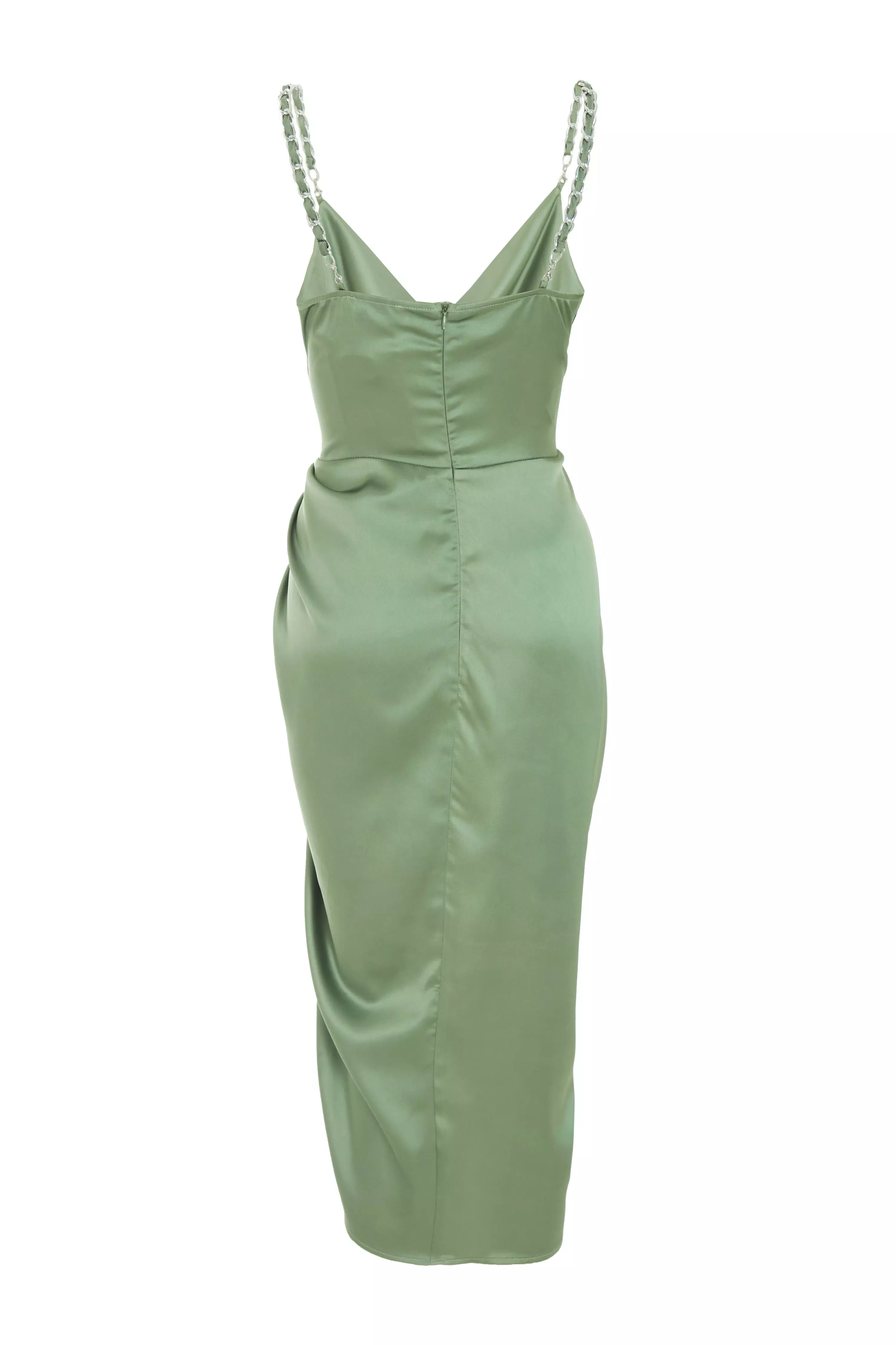 Sage Green Satin Ruched Midi Dress