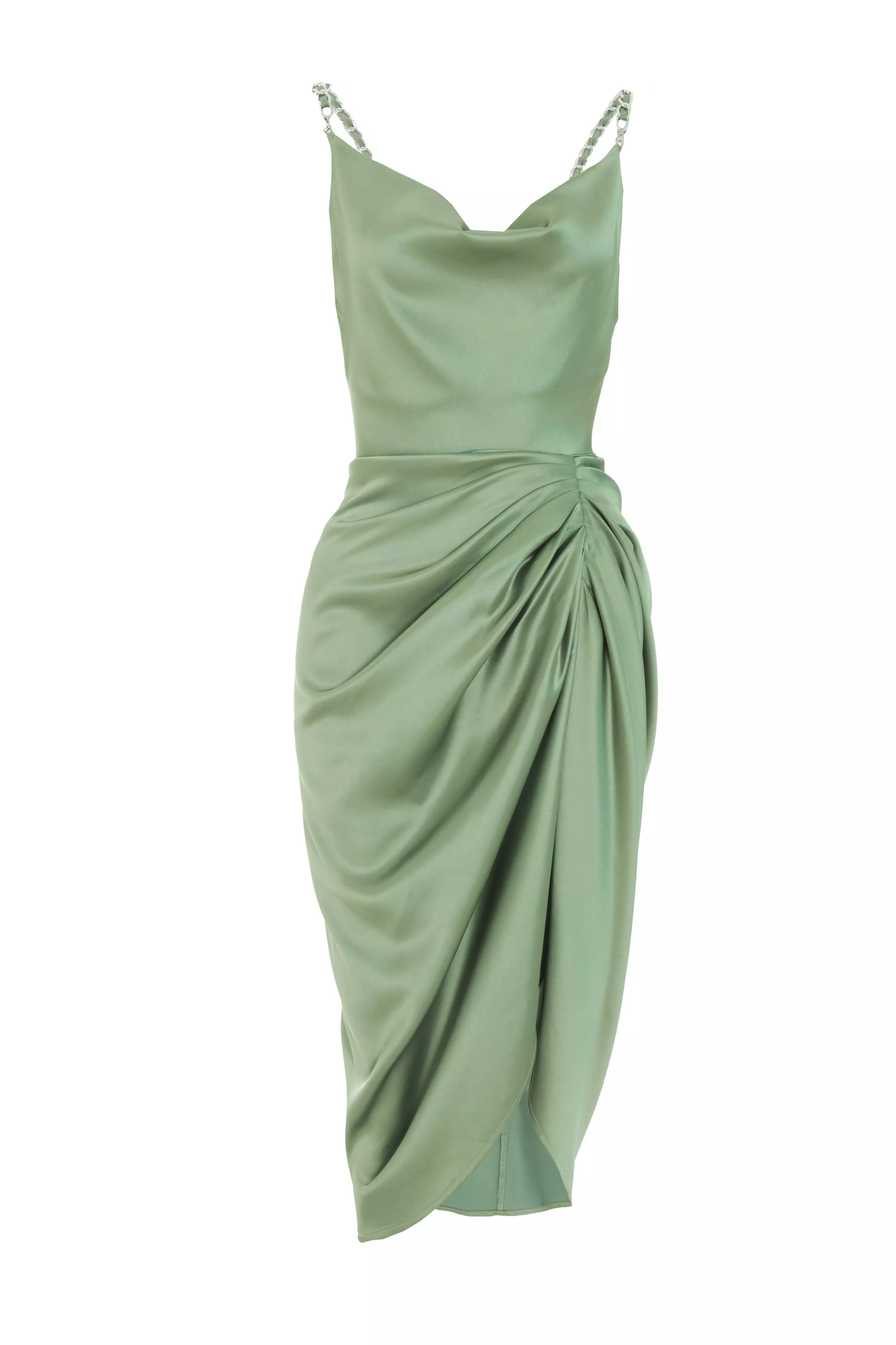 Sage Green Satin Ruched Midi Dress