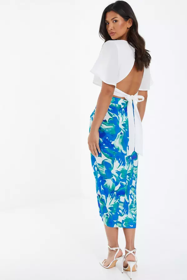 Blue Satin Tropical Print Ruched Midi Skirt