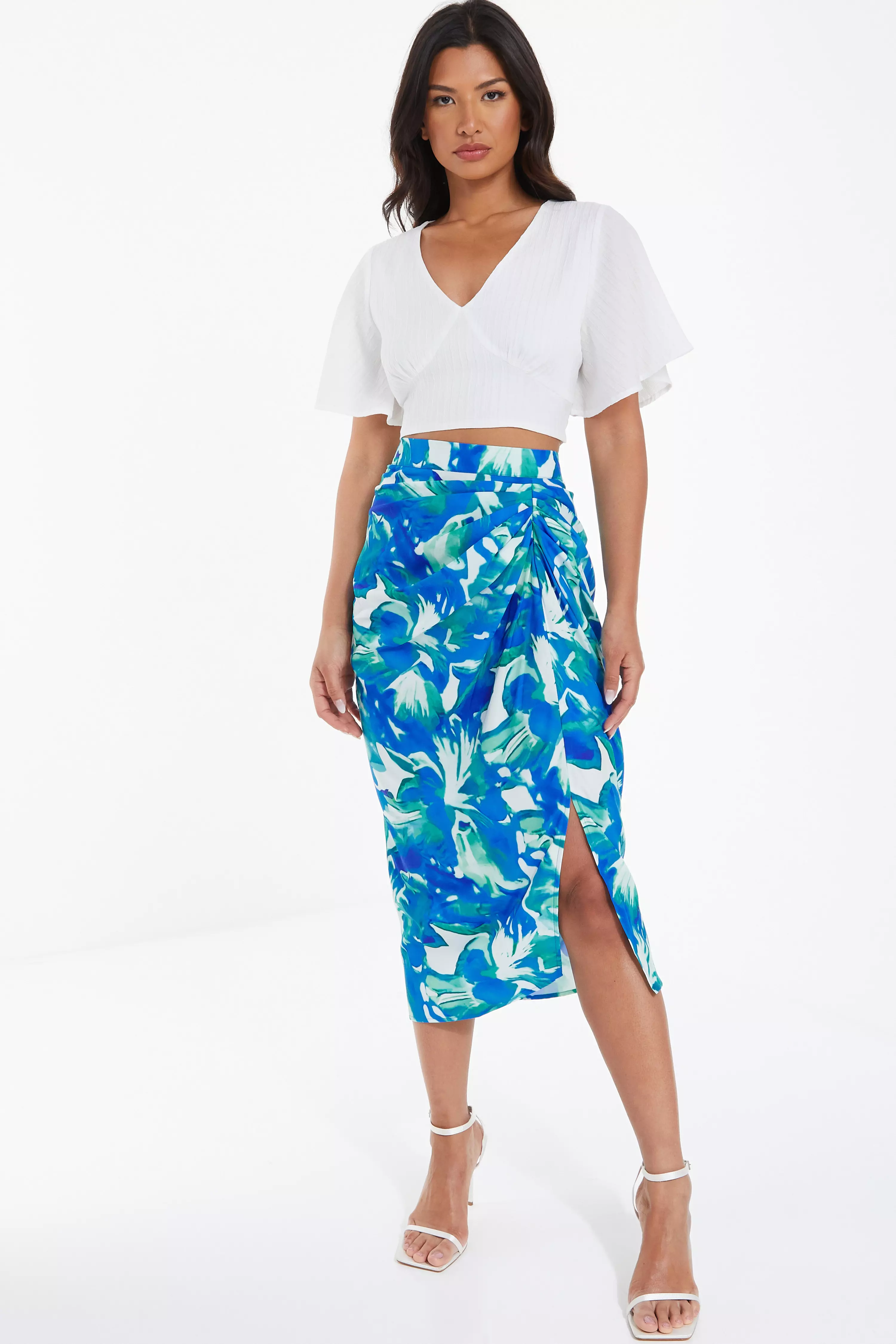 Blue Satin Tropical Print Ruched Midi Skirt