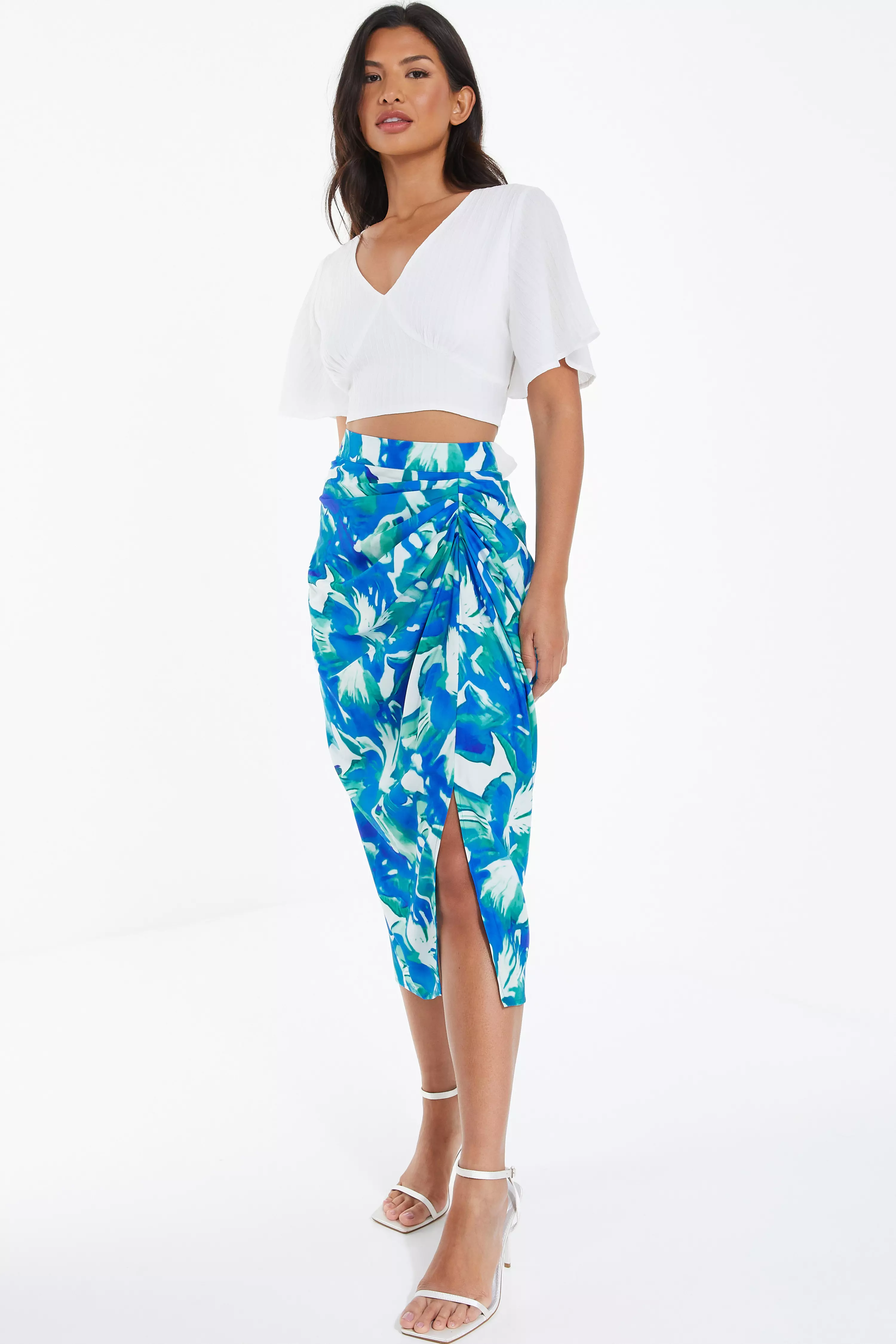 Blue Satin Tropical Print Ruched Midi Skirt