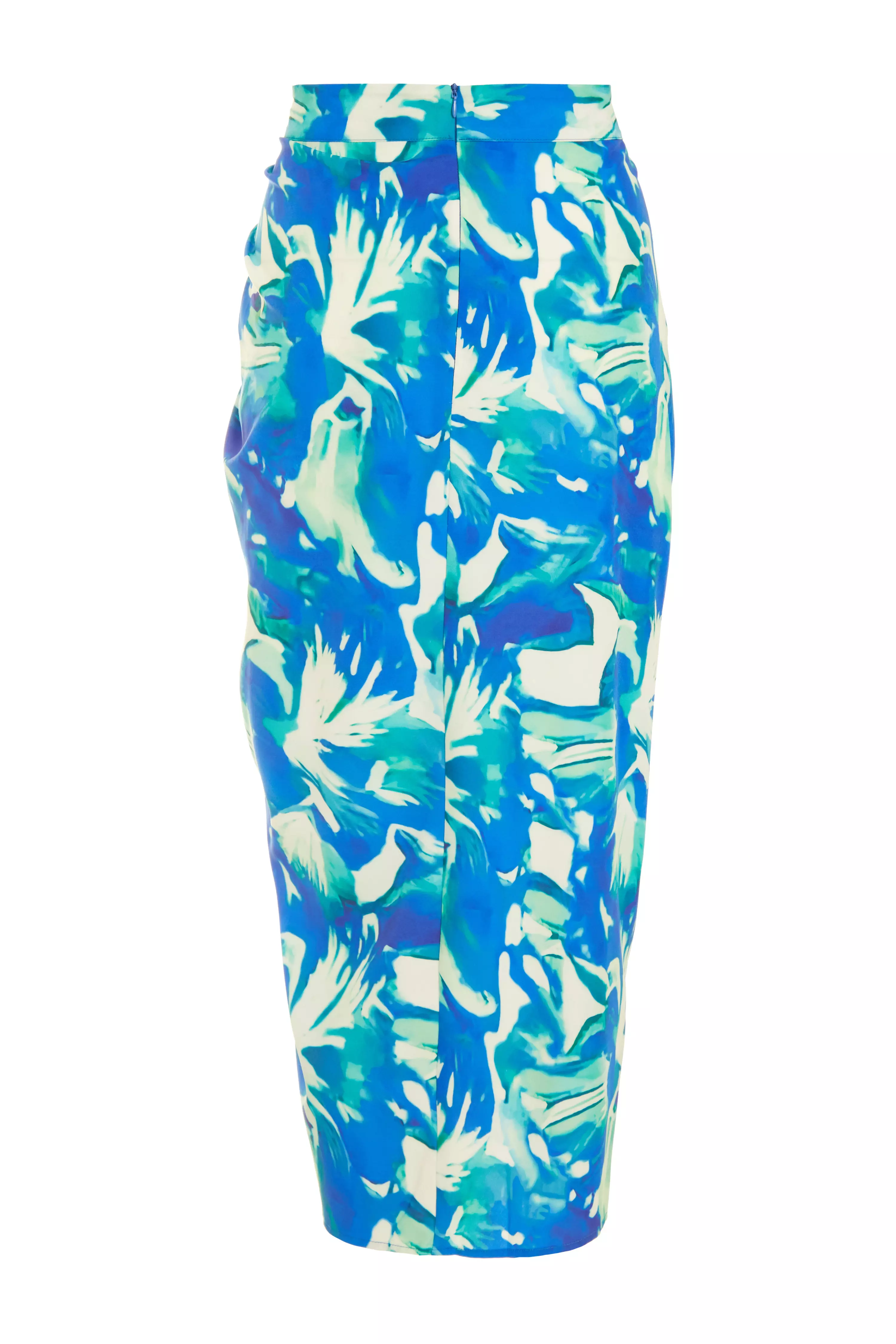 Blue Satin Tropical Print Ruched Midi Skirt