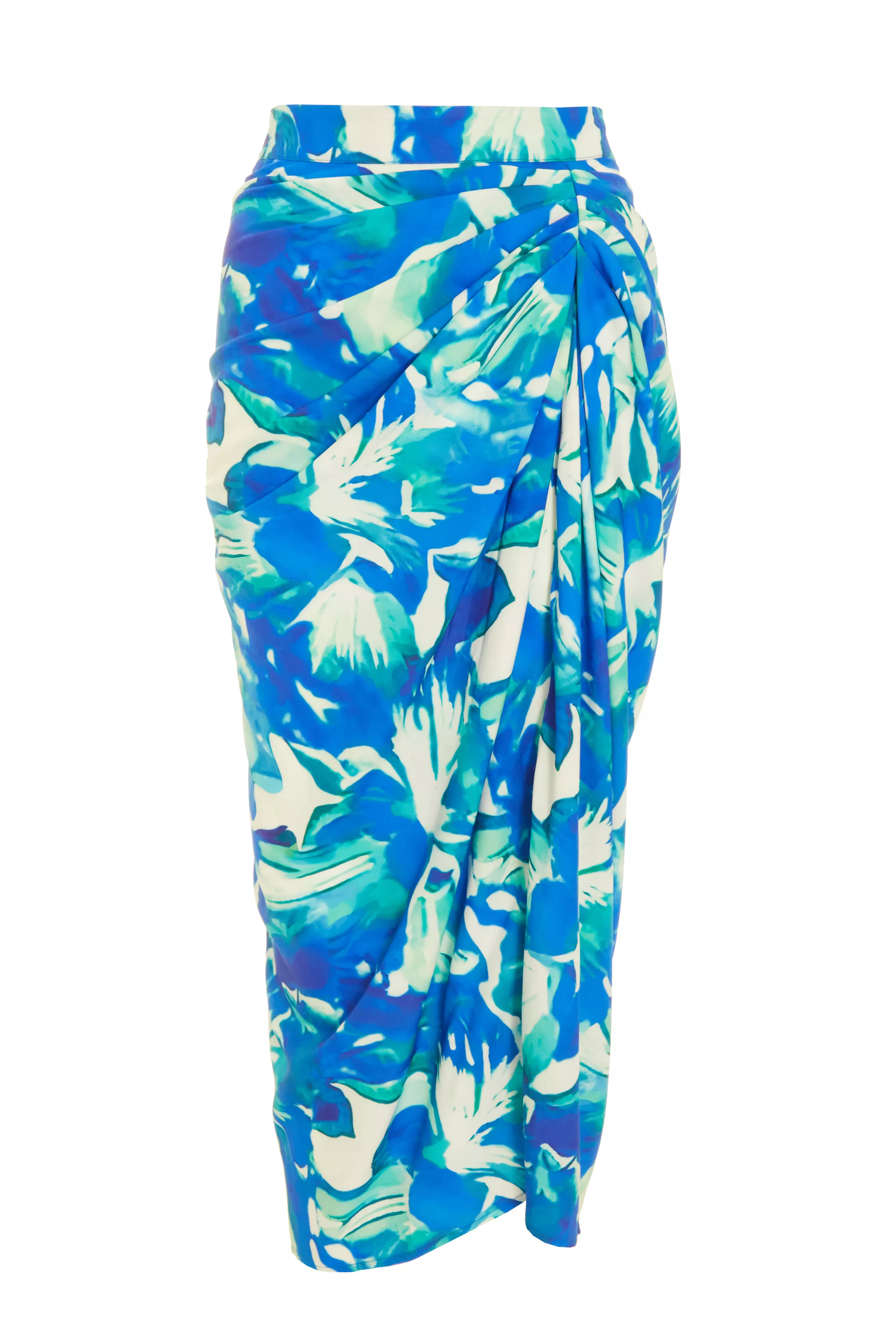 Blue Satin Tropical Print Ruched Midi Skirt